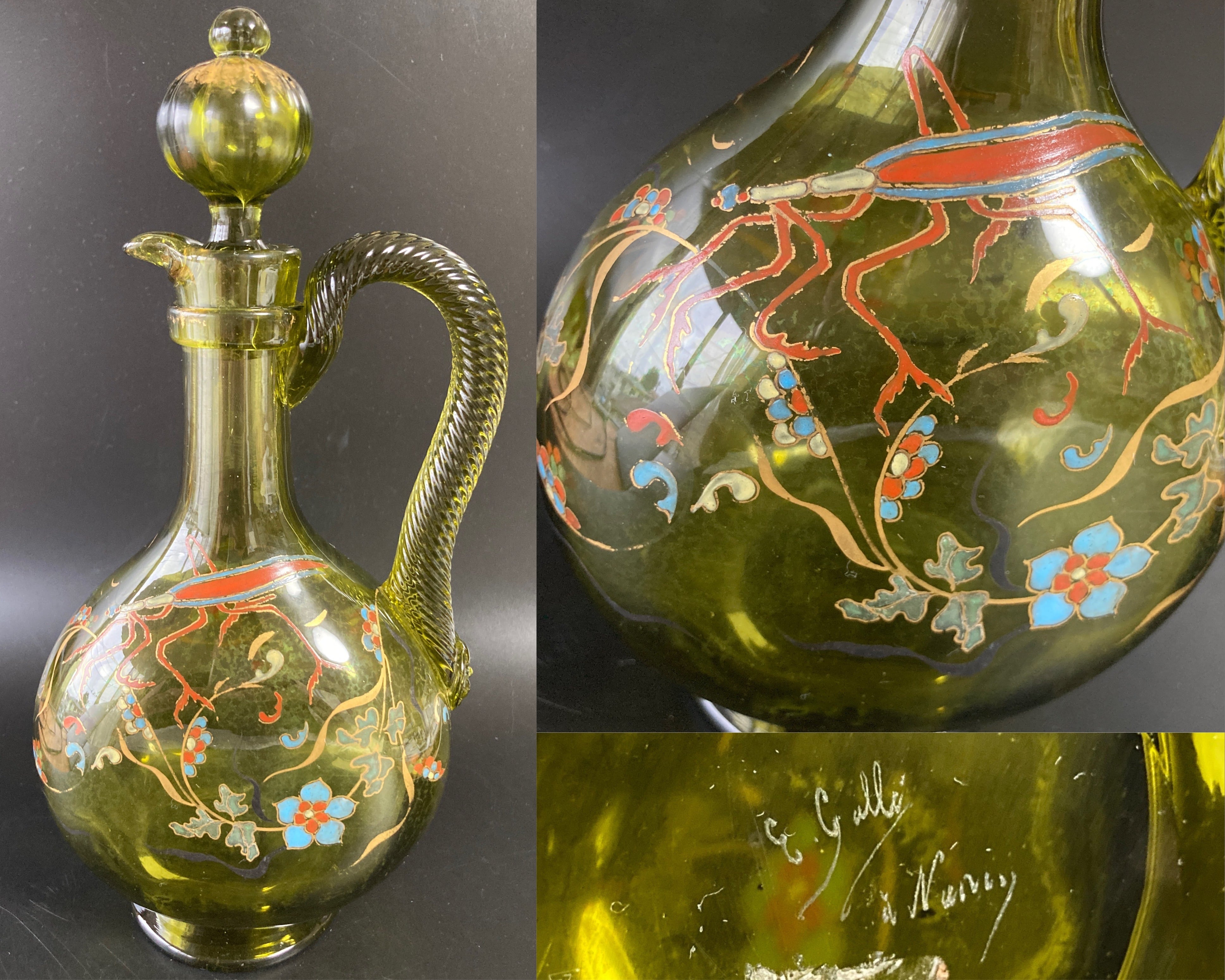 エミール・ガレ 初期作品 蟷螂と草花絵図 エナメル彩水差し カラフェ