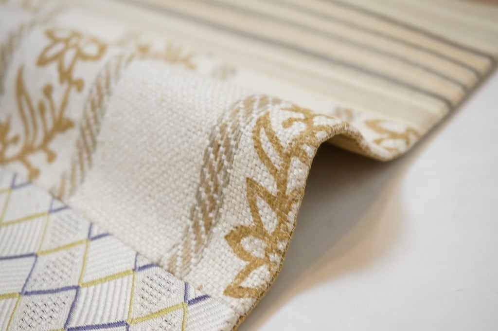 きりばめ手織 野蚕糸帯 洒落袋帯 ベージュ 生成り色 紫 288 | kimono