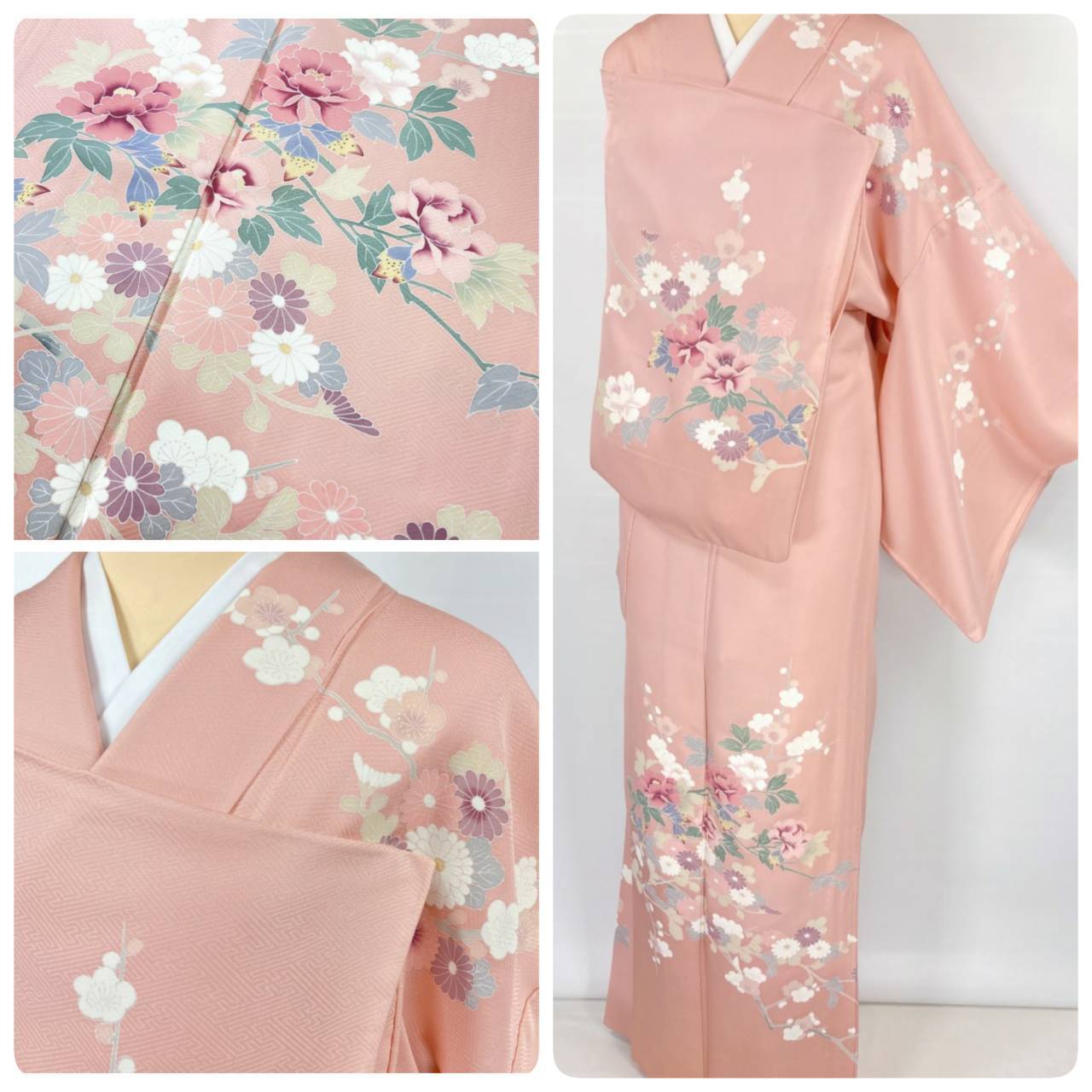 着物10 正絹 友禅染 染め分け 桜梅 袷 訪問着 作家物！