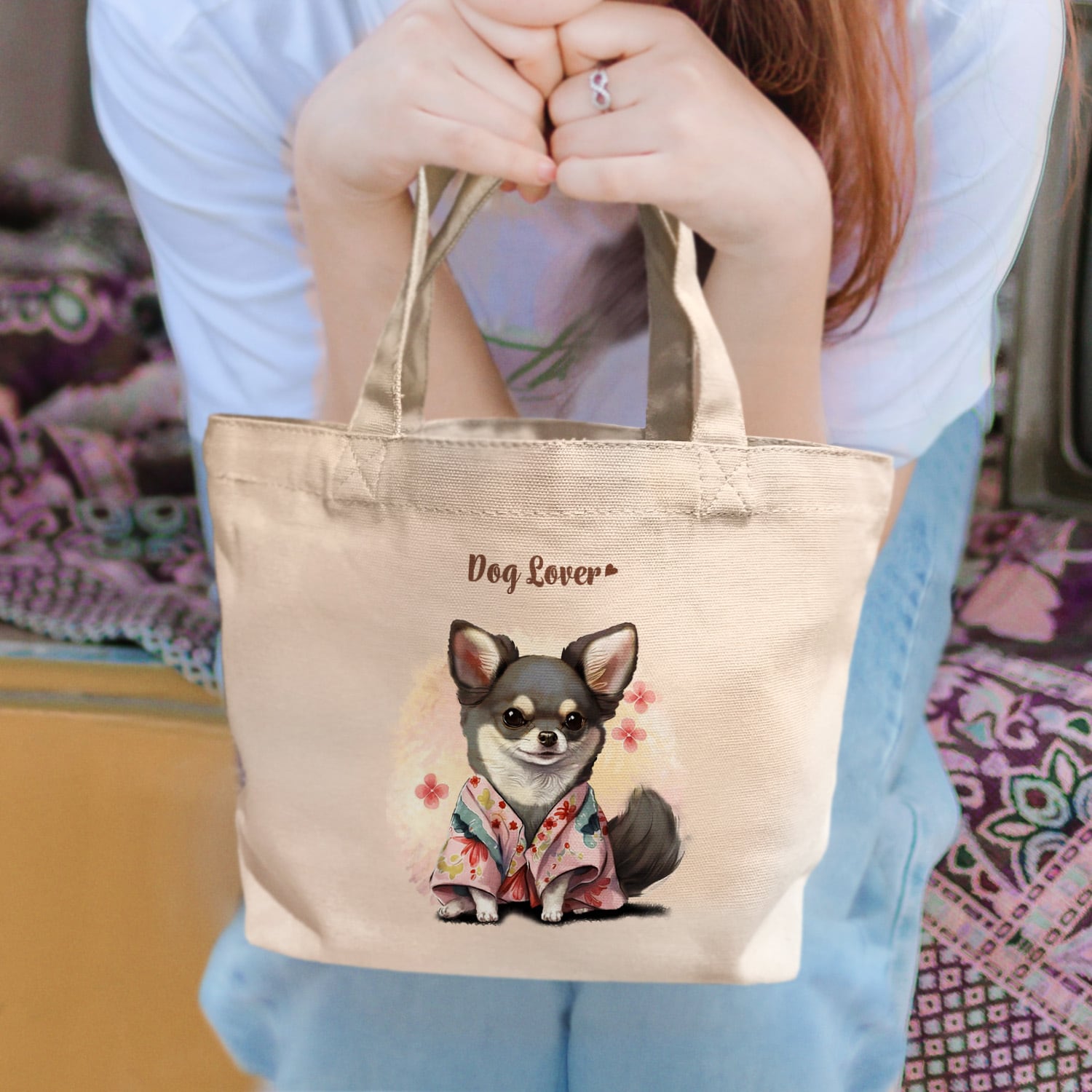 晴れ着姿の チワワ 】 ミニキャンバス トートバッグ 犬 ペット うちの