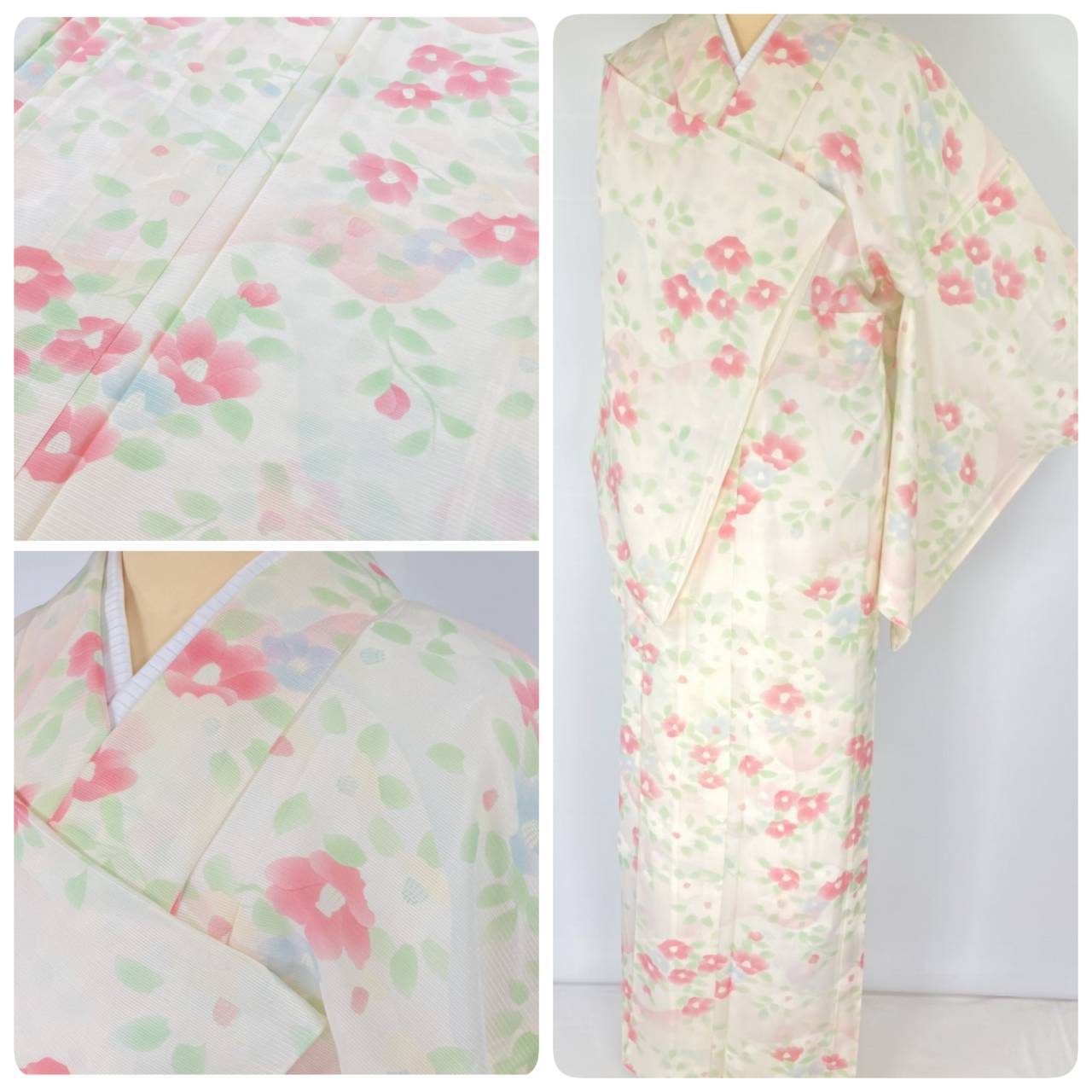 夏】未使用 型染め友禅 夏椿 花柄 絽 夏着物 小紋 正絹 白 クリーム色