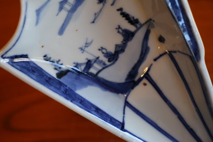 九谷焼 須田菁華 染付 舟人物文 半開扇向付 五客組 木箱 | (有)新原美術