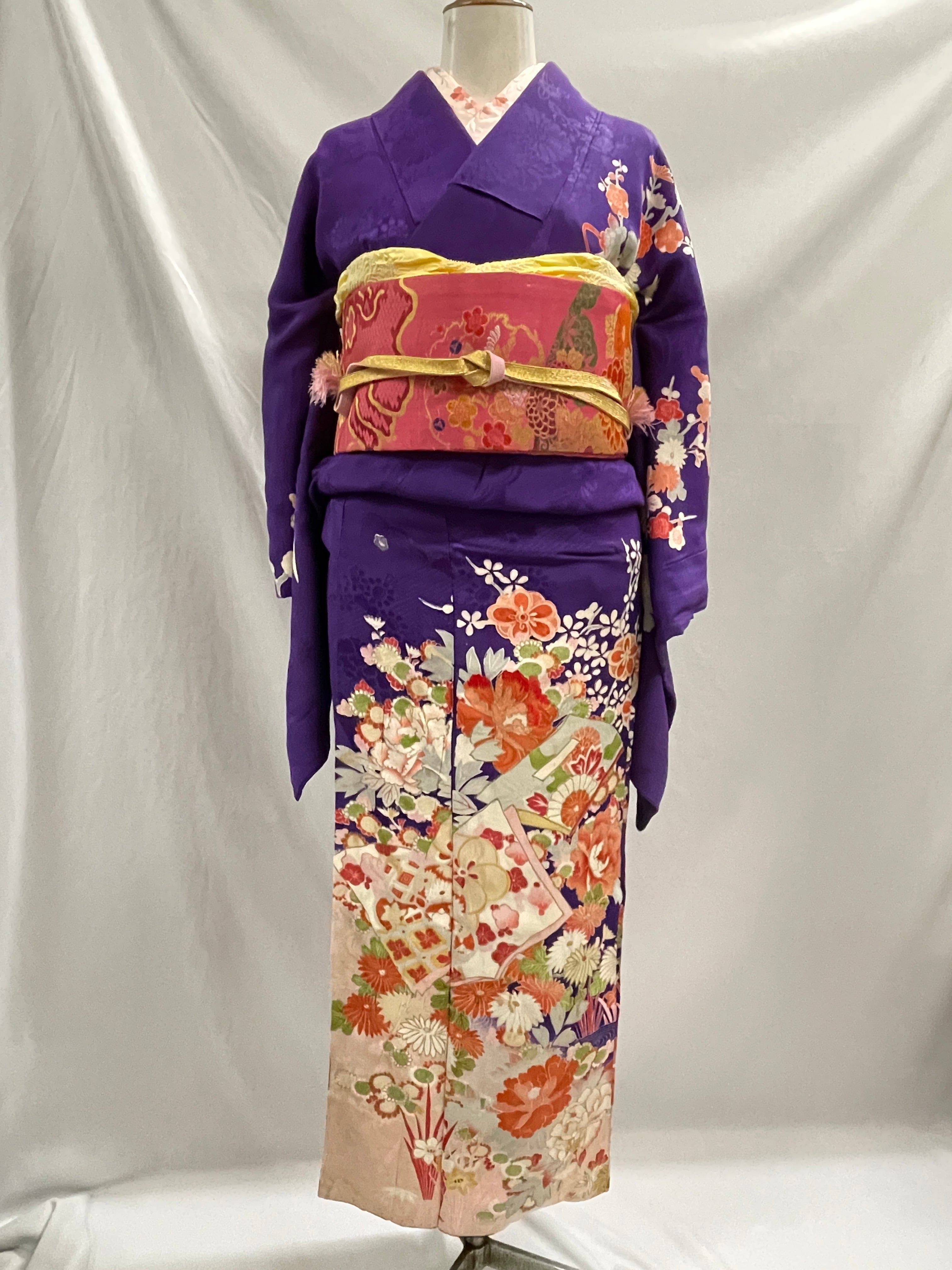 アンティーク着物 訪問着 紫系 豪華 四季の花 書物 十三詣り 七五三