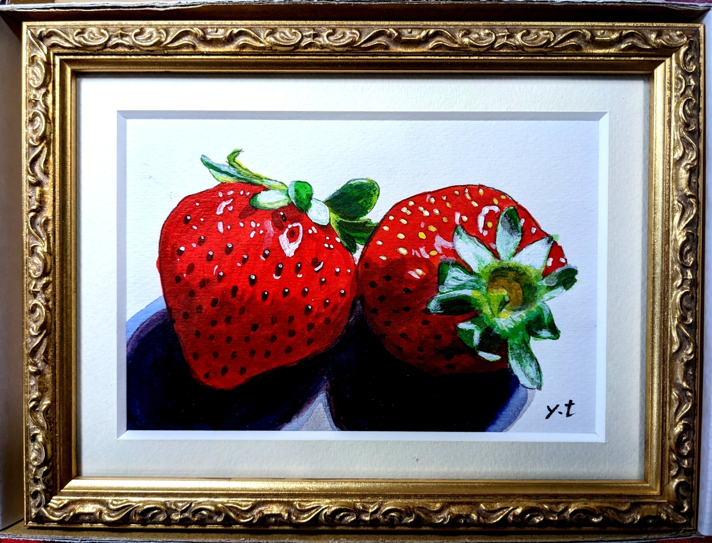 値下げ交渉あり。超美品！1点物の原画苺（いちご）アクリル画絵画