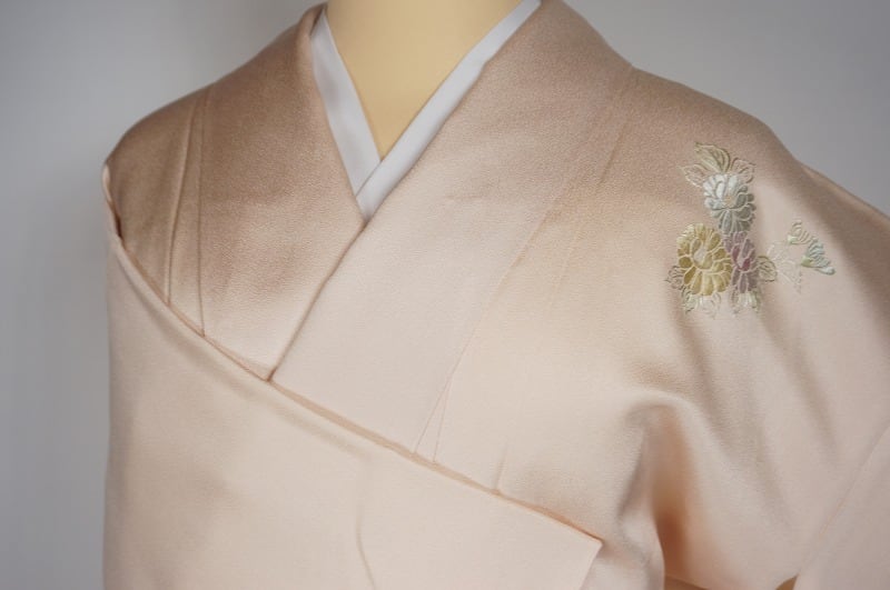 未使用 蘇州刺繍 相良刺繍 付け下げ訪問着 一つ紋 花柄 正絹 薄桜色