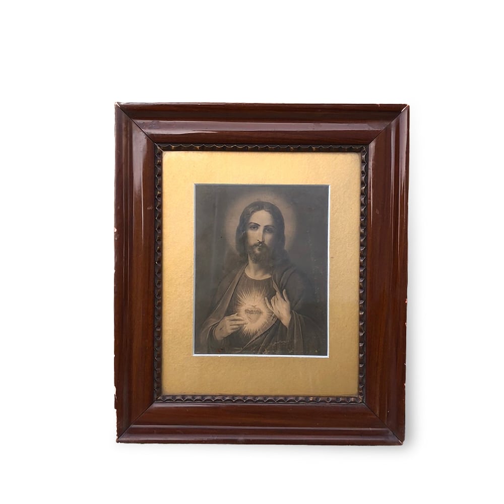 ヴィンテージ 額装プリント キリスト セイクリッドハート イコン画