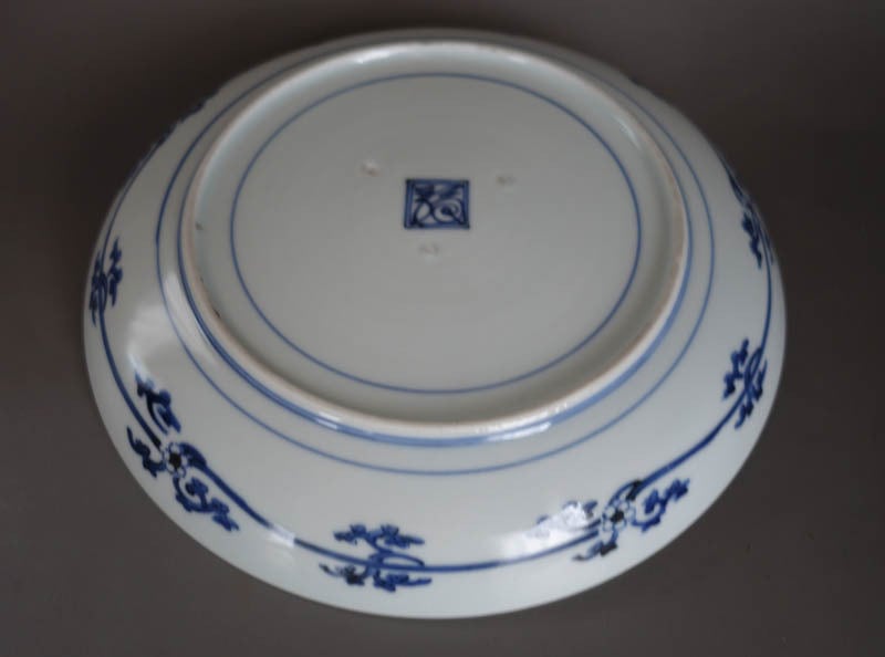 古伊万里 染付 花唐草 粟に鶉文 中皿 藍柿右衛門 江戸中期 渦福 二重角
