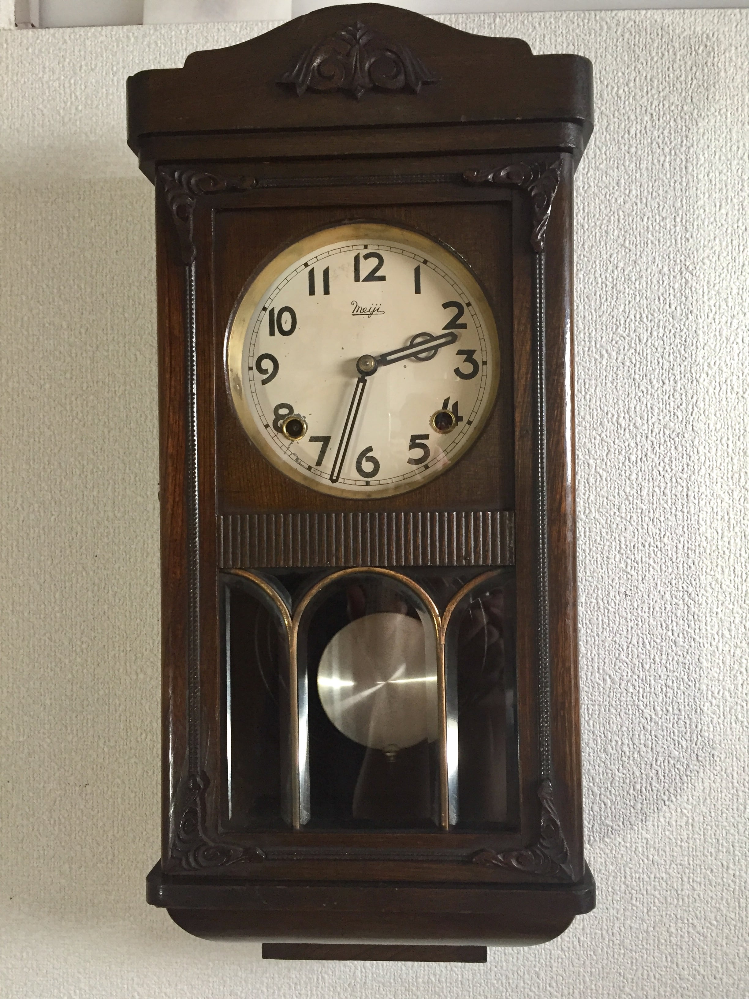 昭和10年頃 明治時計製造 ゼンマイ式 宮型掛け時計 オーバーホール済