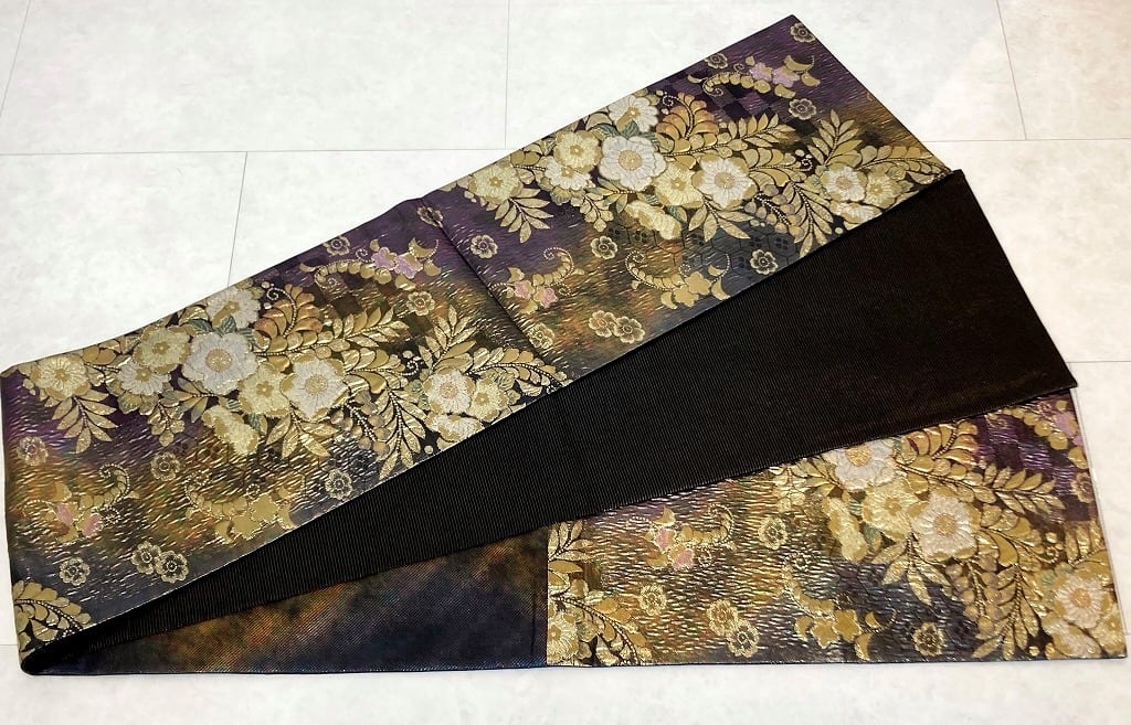 辻が花 纐纈 膨れ織り 正絹 金糸 袋帯 ゴールド 紫 黒 468 | kimono Re