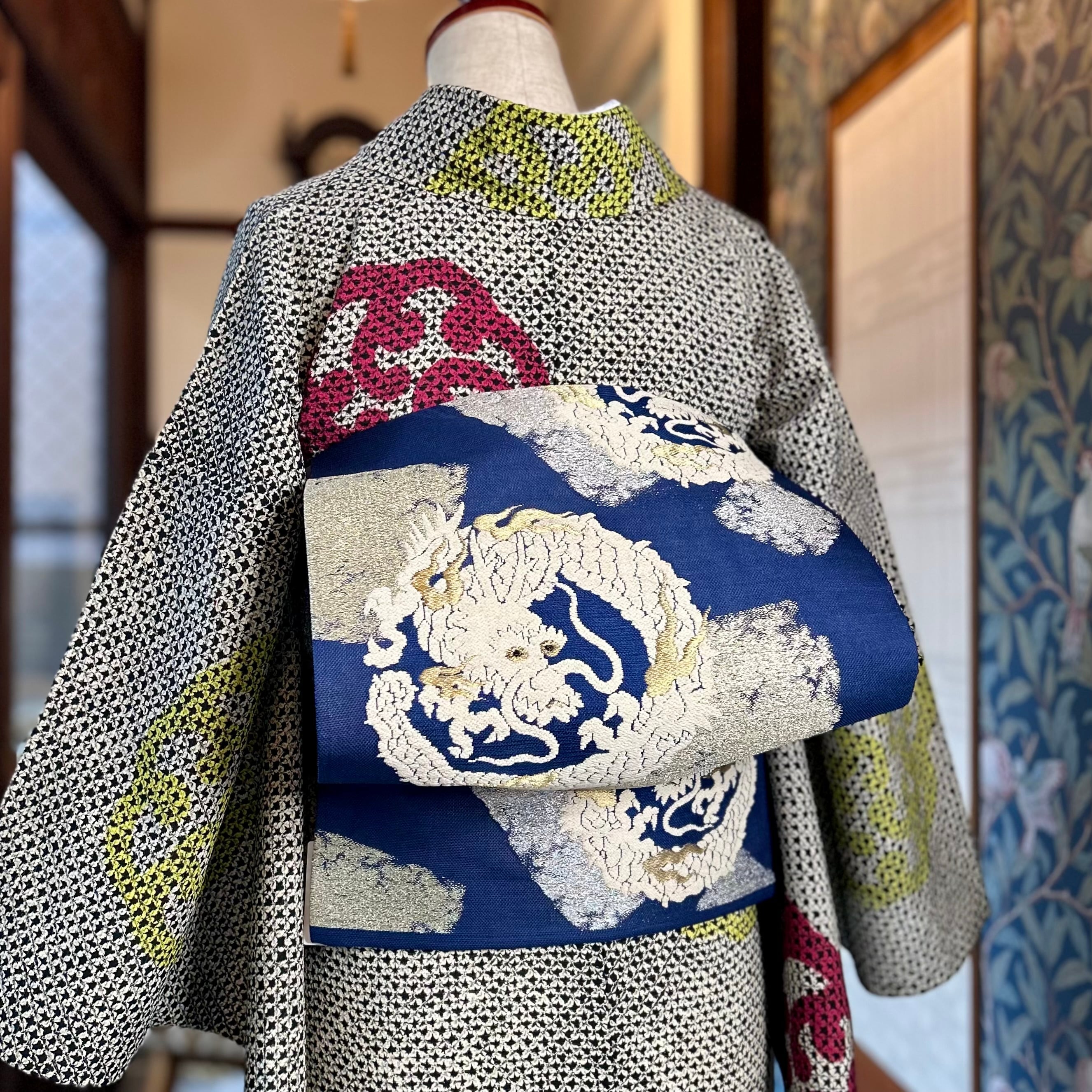 白龍＊夏帯 紗＊龍 辰 竜 ドラゴン アンティーク開き名古屋帯 A765