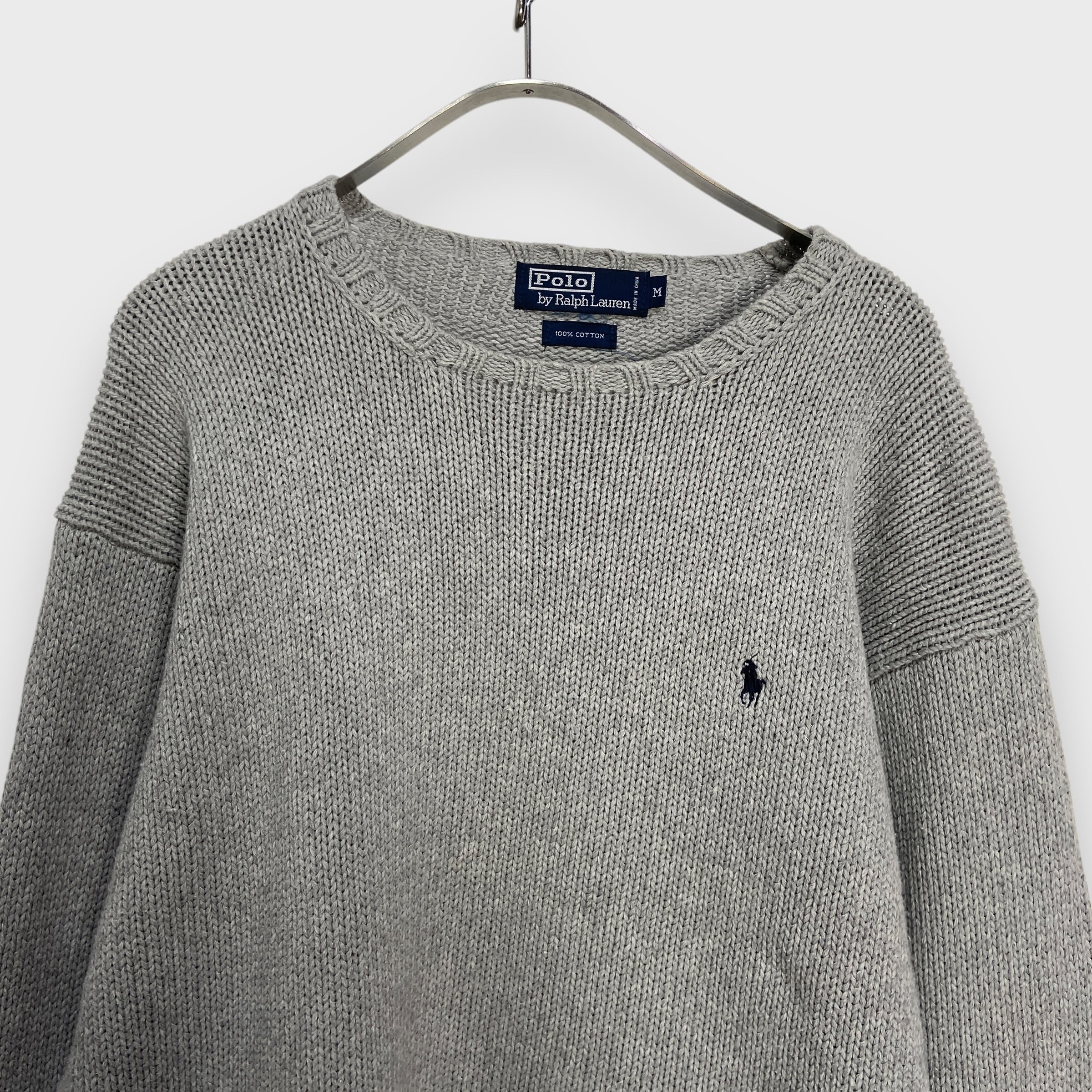 90s ラルフローレン ワンポイントロゴコットンニット セーター グレー