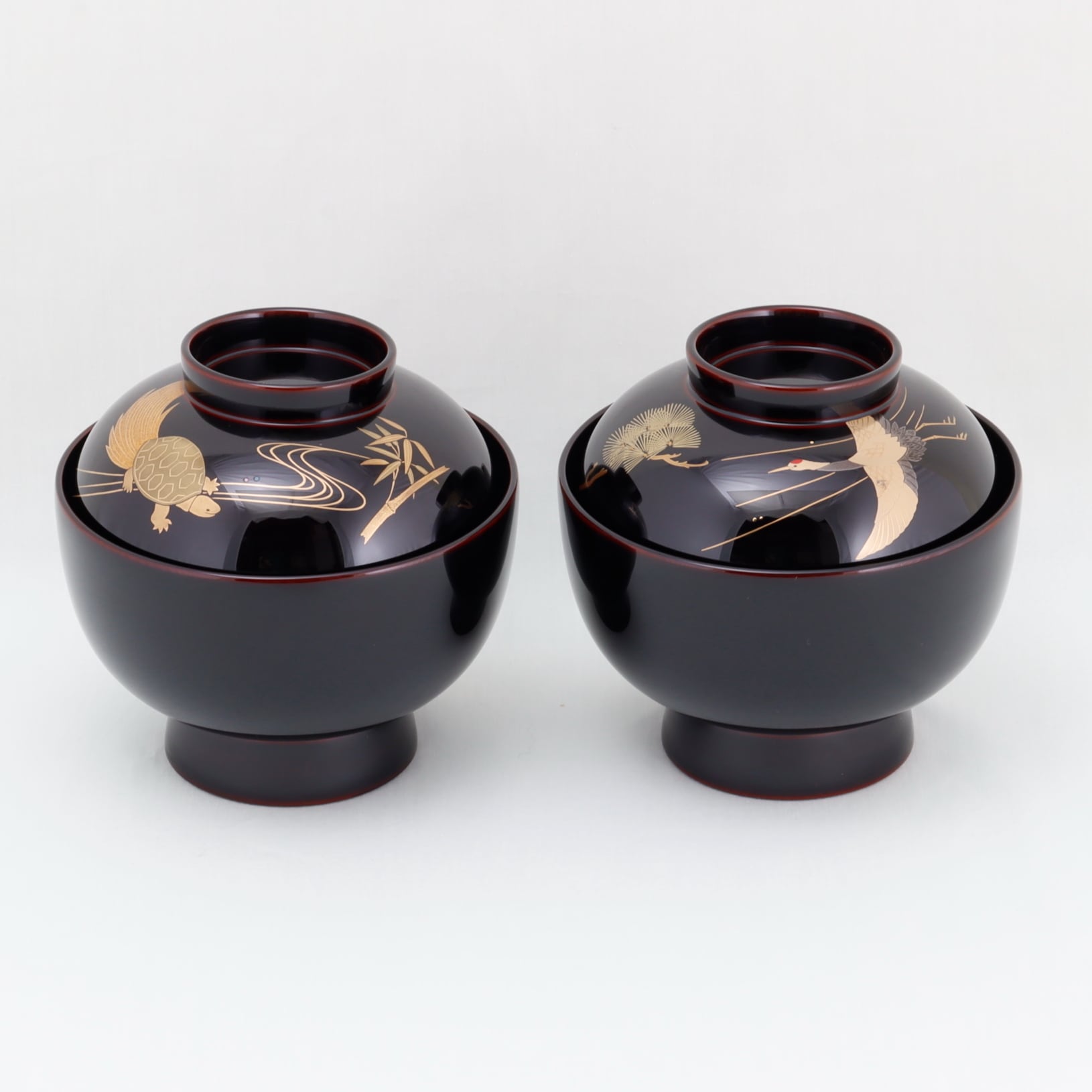 410 輪島塗 夫婦雑煮椀／溜塗／鶴亀松竹梅蒔絵 | 輪島塗 加藤漆器店