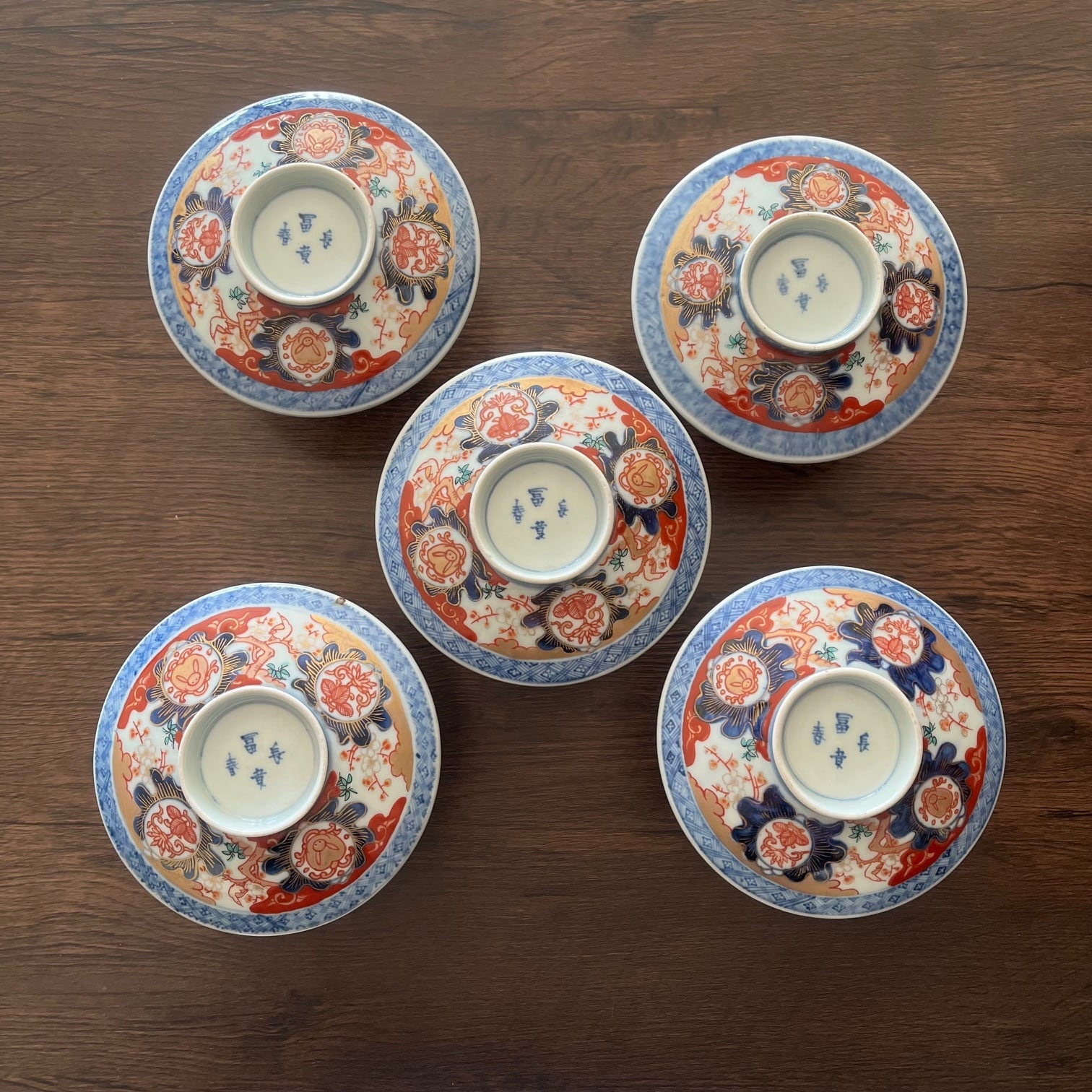 上物・真物保証】伊万里色絵兎文蓋物碗 5客揃／江戸幕末期／共箱付き