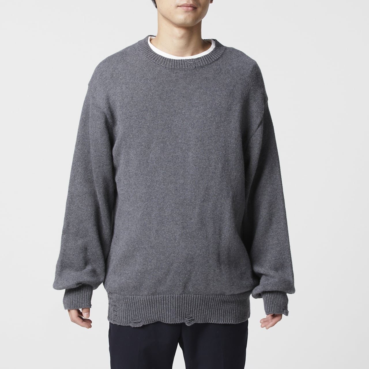 MEN ニット ダメージ加工 丸首 セーター グレー 101 | mira ミラ