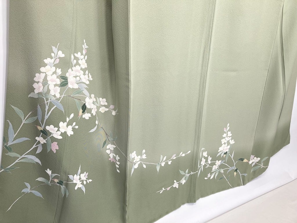 作家物 京加賀友禅 訪問着 花柄 椿 正絹 緑 黄緑 白 1141 | kimono Re