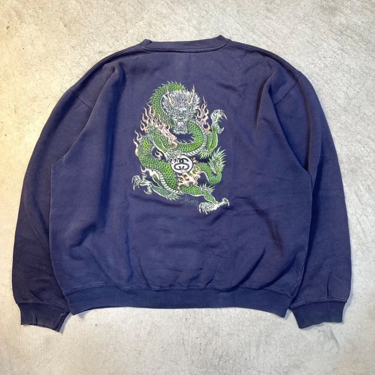 90s old stussy 紺タグ USA製 スウェット ドラゴン 龍 ナス紺 茄子紺