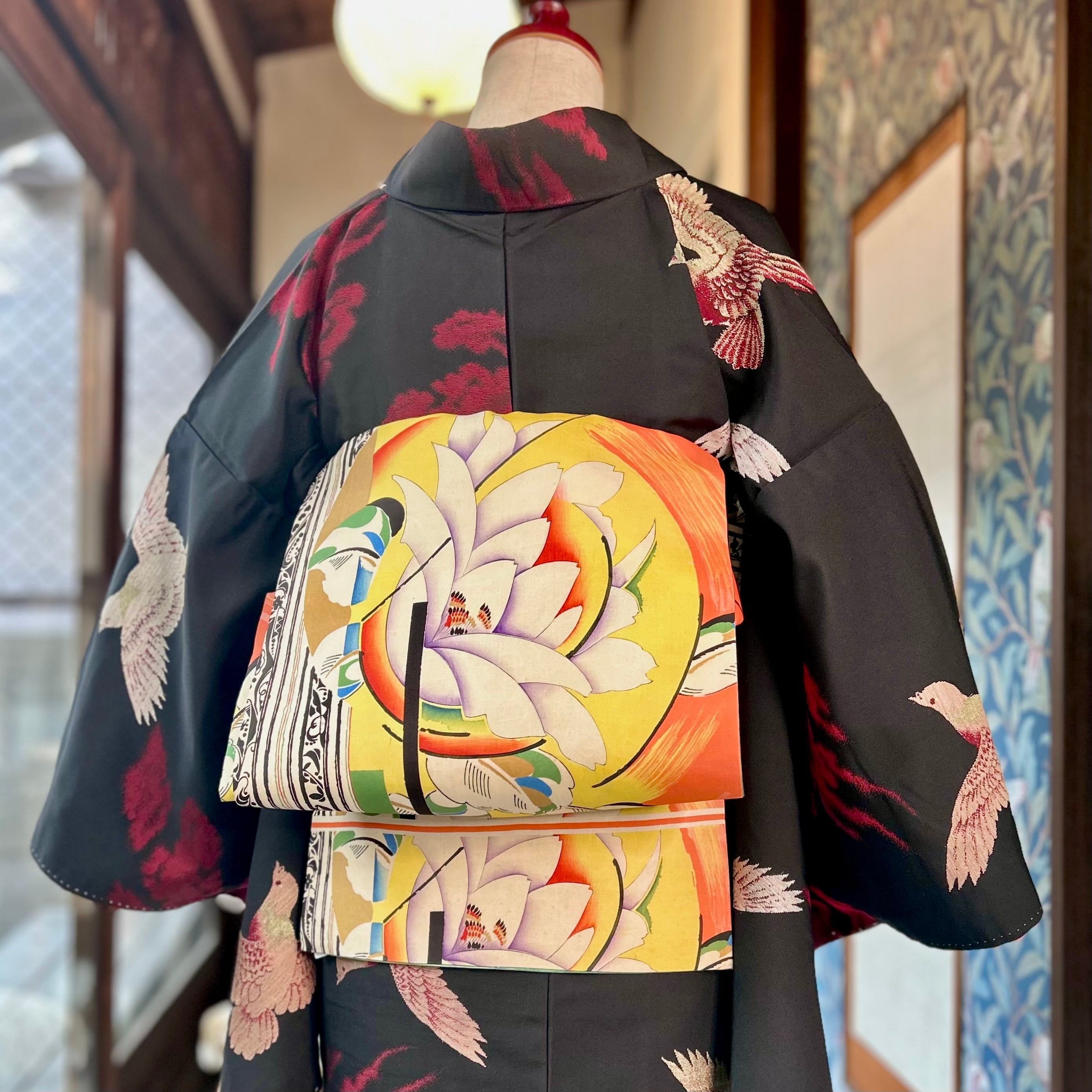 flower of the sun＊アールデコ 洋花 花 薔薇 染め帯 アンティーク昼夜