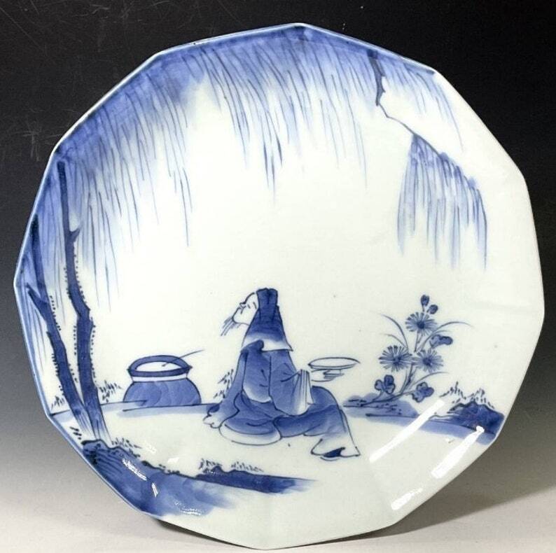 17.5cm/古伊万里 染付 柳下観花文12角皿 江戸時代後期 | Nakayacacan