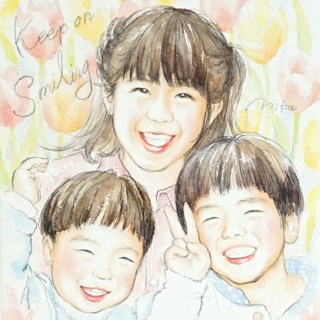 優しい似顔絵(3名) シンプルな木製フレーム入り-送料無料- | 似顔絵