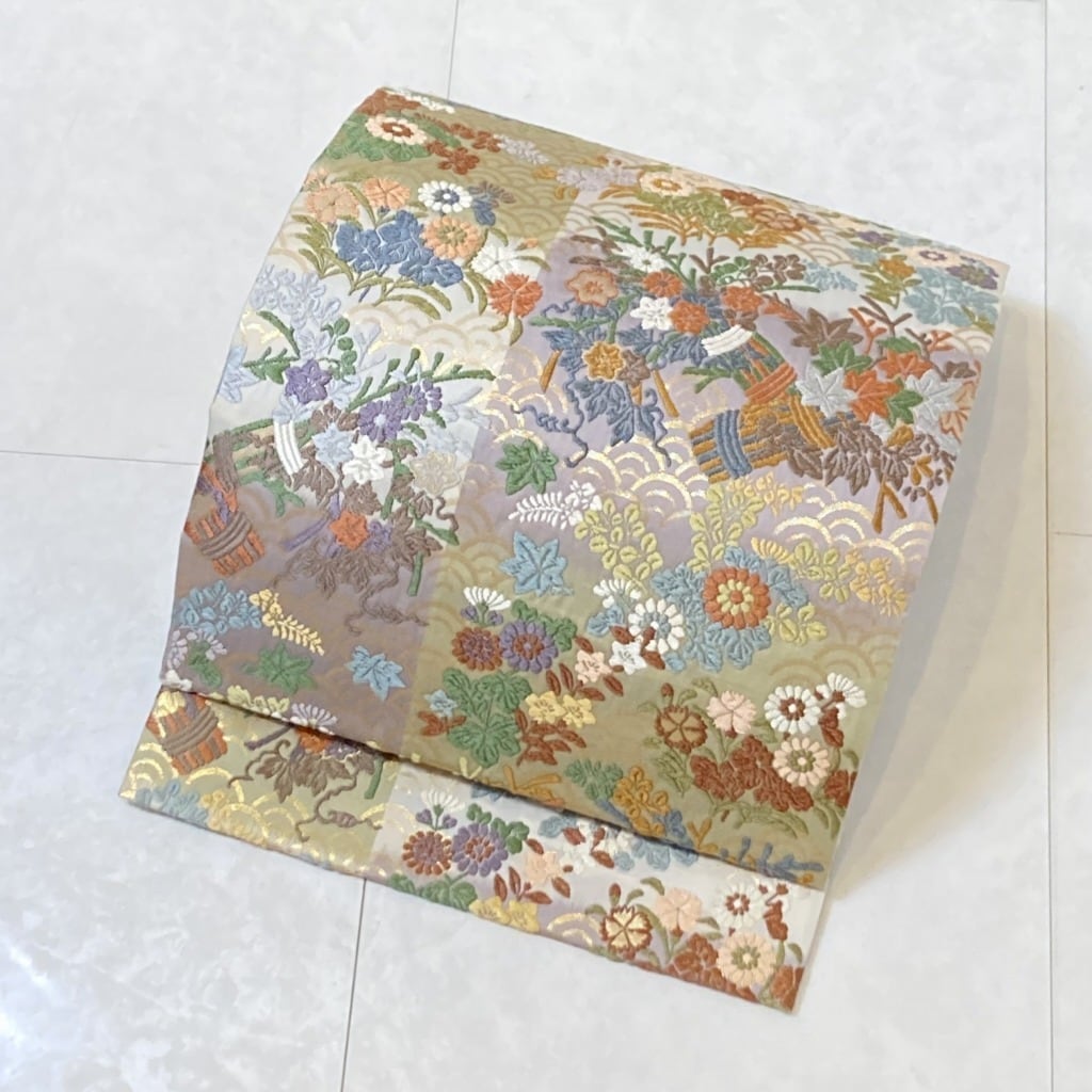唐織り 花柄 市松 青海波 袋帯 正絹 金糸 紫 黄緑 白 613 | kimono Re