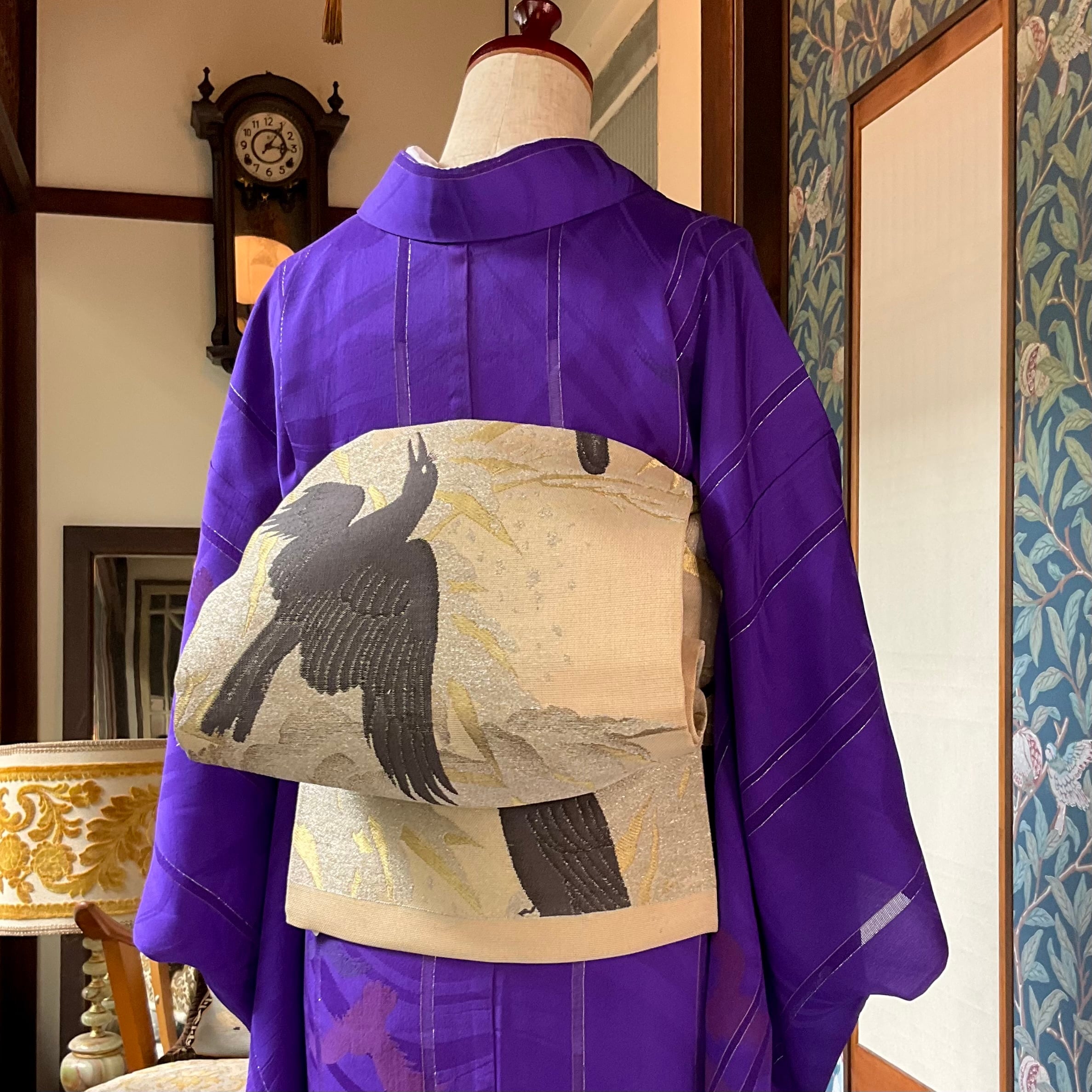 雪持ち笹と烏＊夏帯 紗 カラス 鳥 竹 笹 雪 アンティーク夏名古屋帯