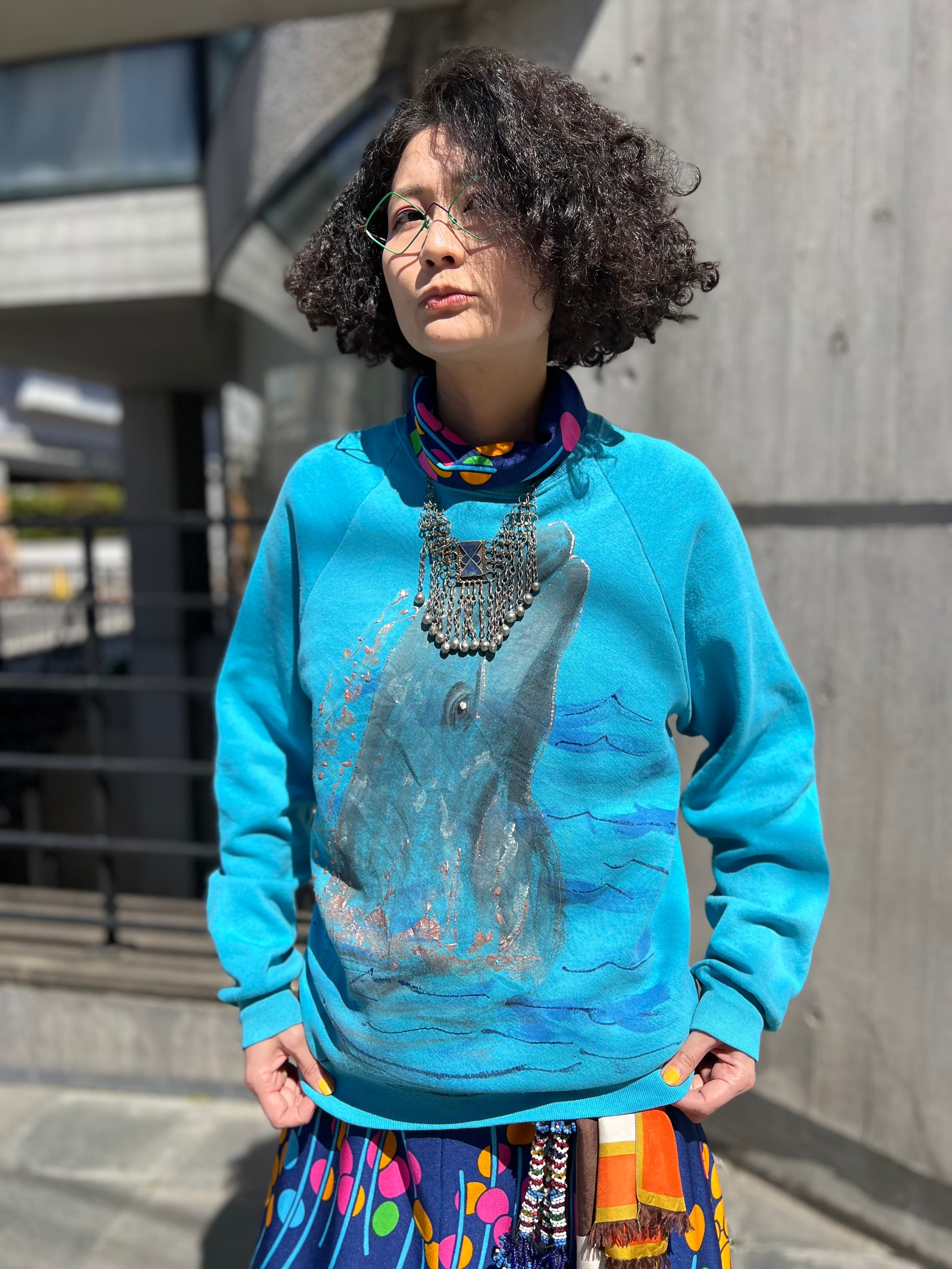 Vintage whal handpaint turquoise sweat ( ヴィンテージ くじら