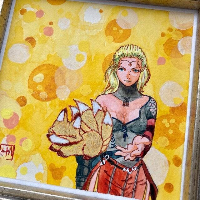 九尾のキツネのみきちゃんと荼枳尼天さま 水彩画 額付き | 竜胆とおひさま