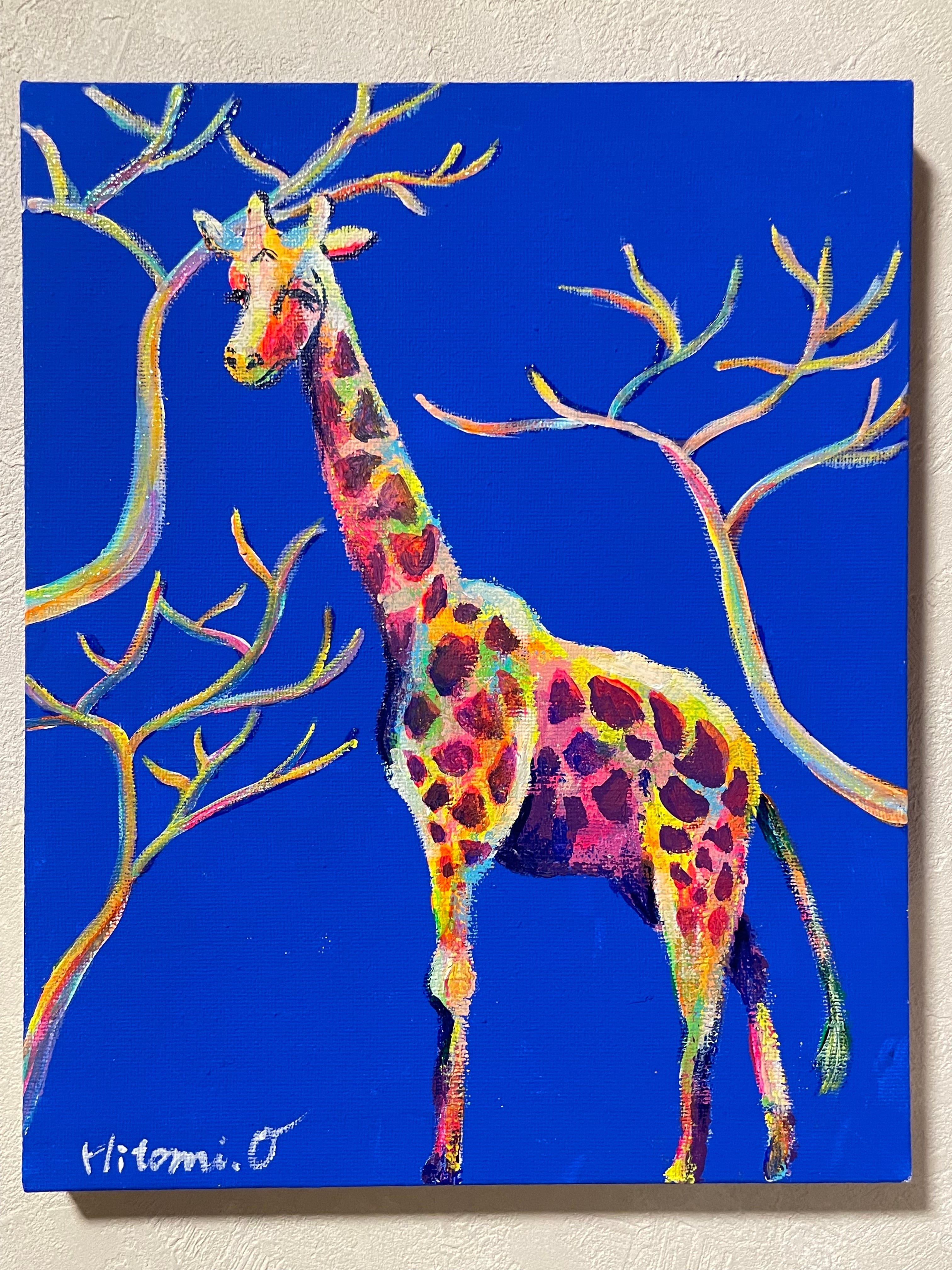 A-183/24】動物画 キリン 絵画 キャンバス 真作 インテリア 作品証明