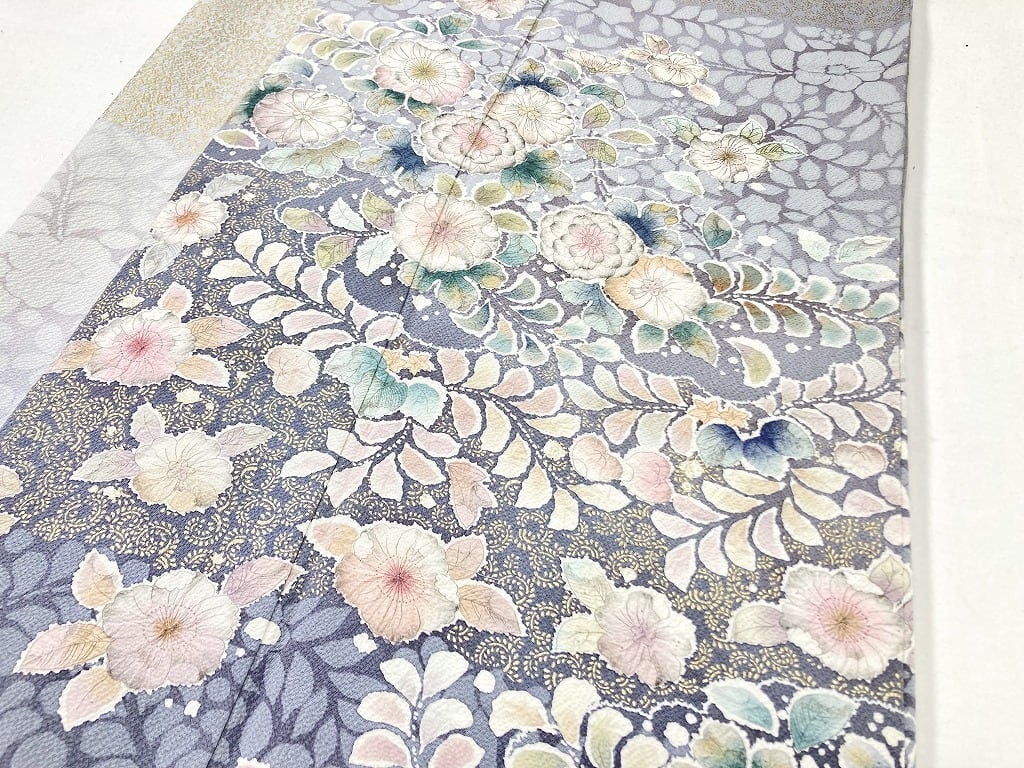 作家物 辻が花 絞り 染め分け 落款 訪問着 正絹 グレー ブルー 紫 黄緑