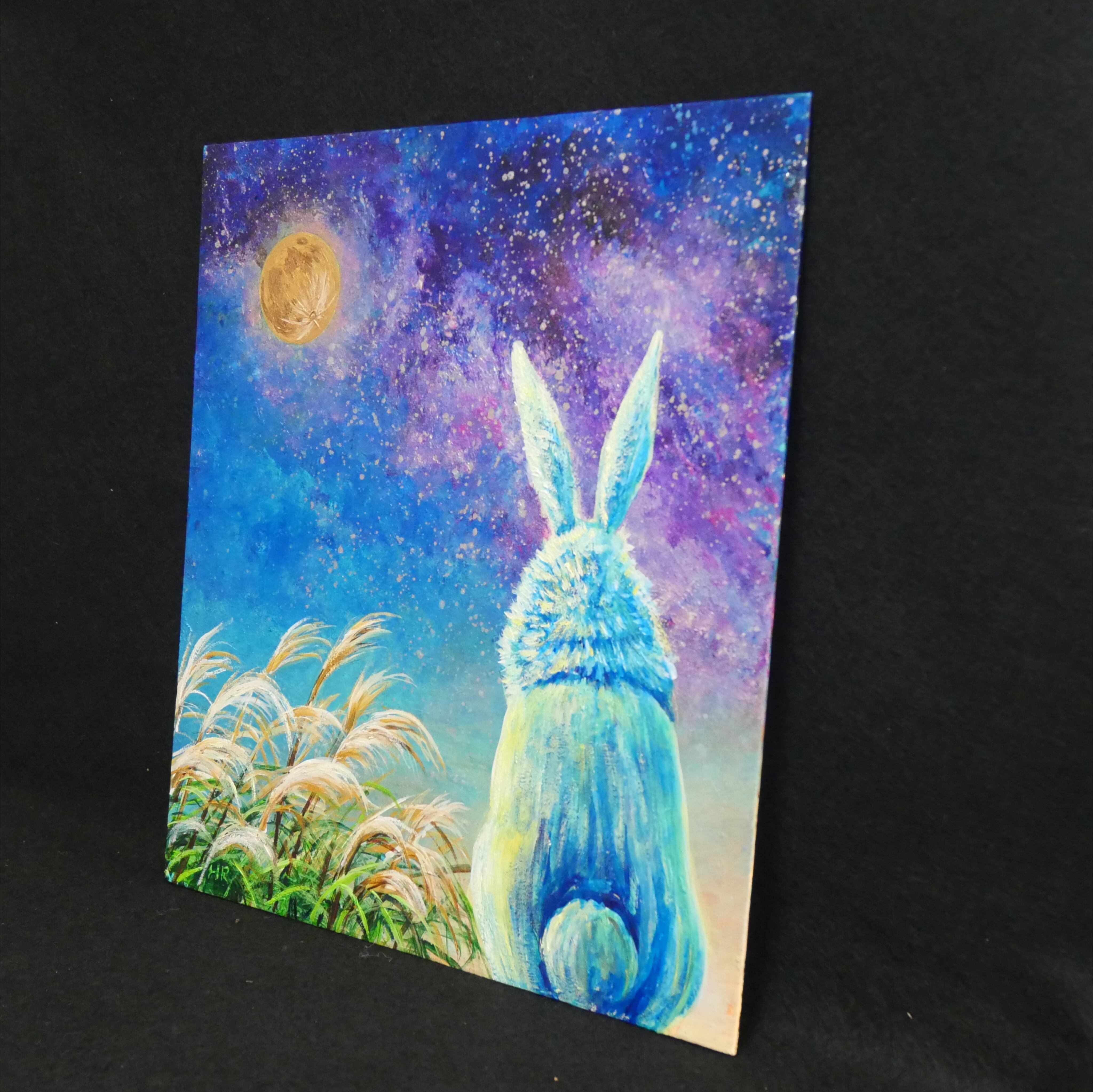 油絵 油彩 油彩画 絵 絵画【お月見に満月の星空を見上げるウサギ