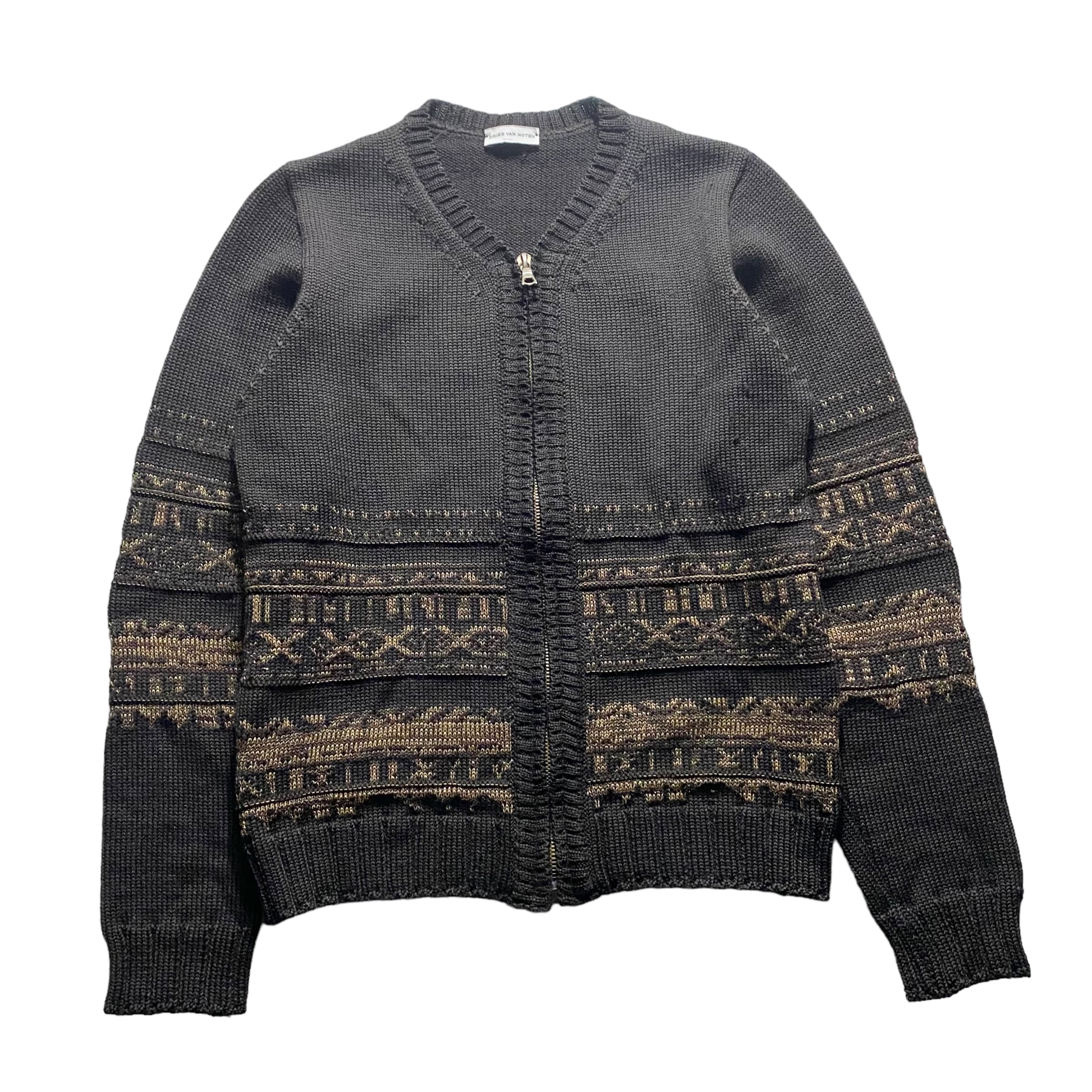 archive DRIES VAN NOTEN native pattern zip-up knit cardigan | NOIR