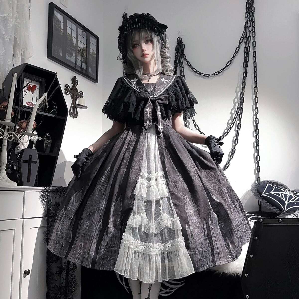 即納 ブラック ホワイト Mサイズ ゴスロリ セットアップ ケープ