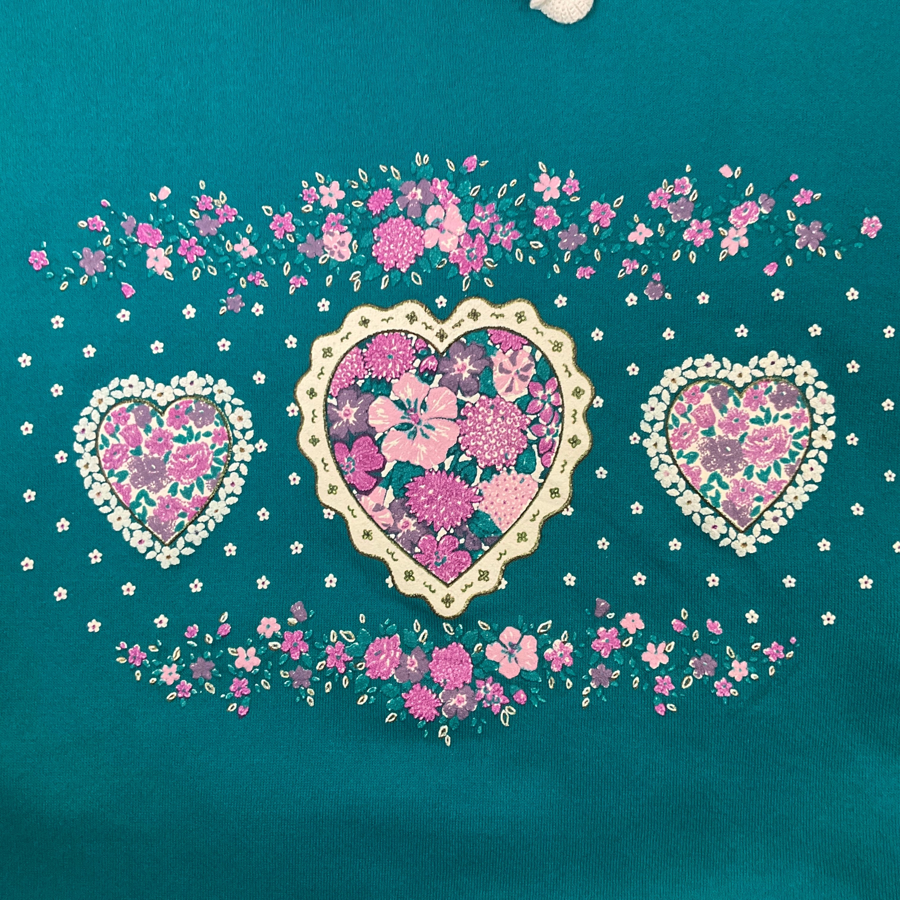 USA製 90s 90年代 花柄 ハート レース 鍵編み 襟付き スウェット