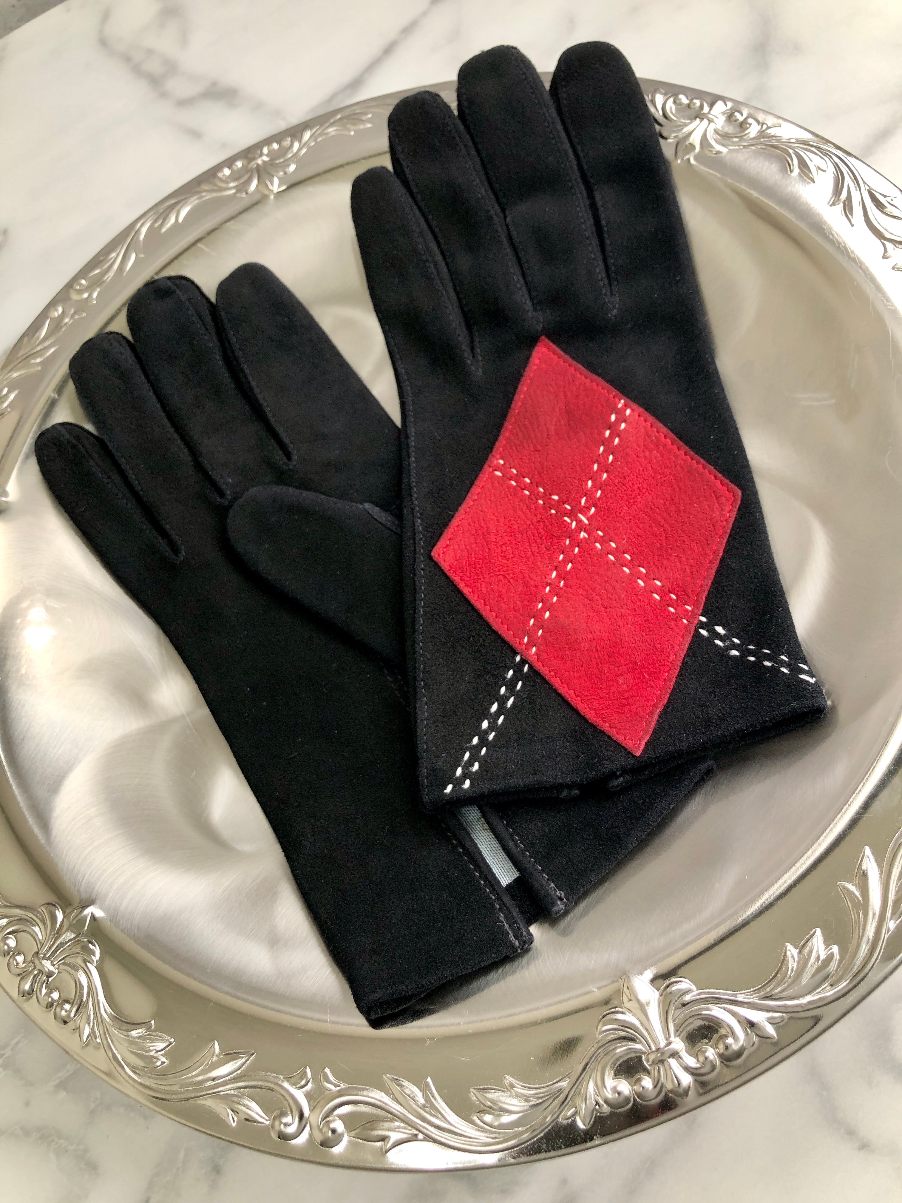 CELINE セリーヌ スエード アーガイル グローブ 手袋 レッド ブラック