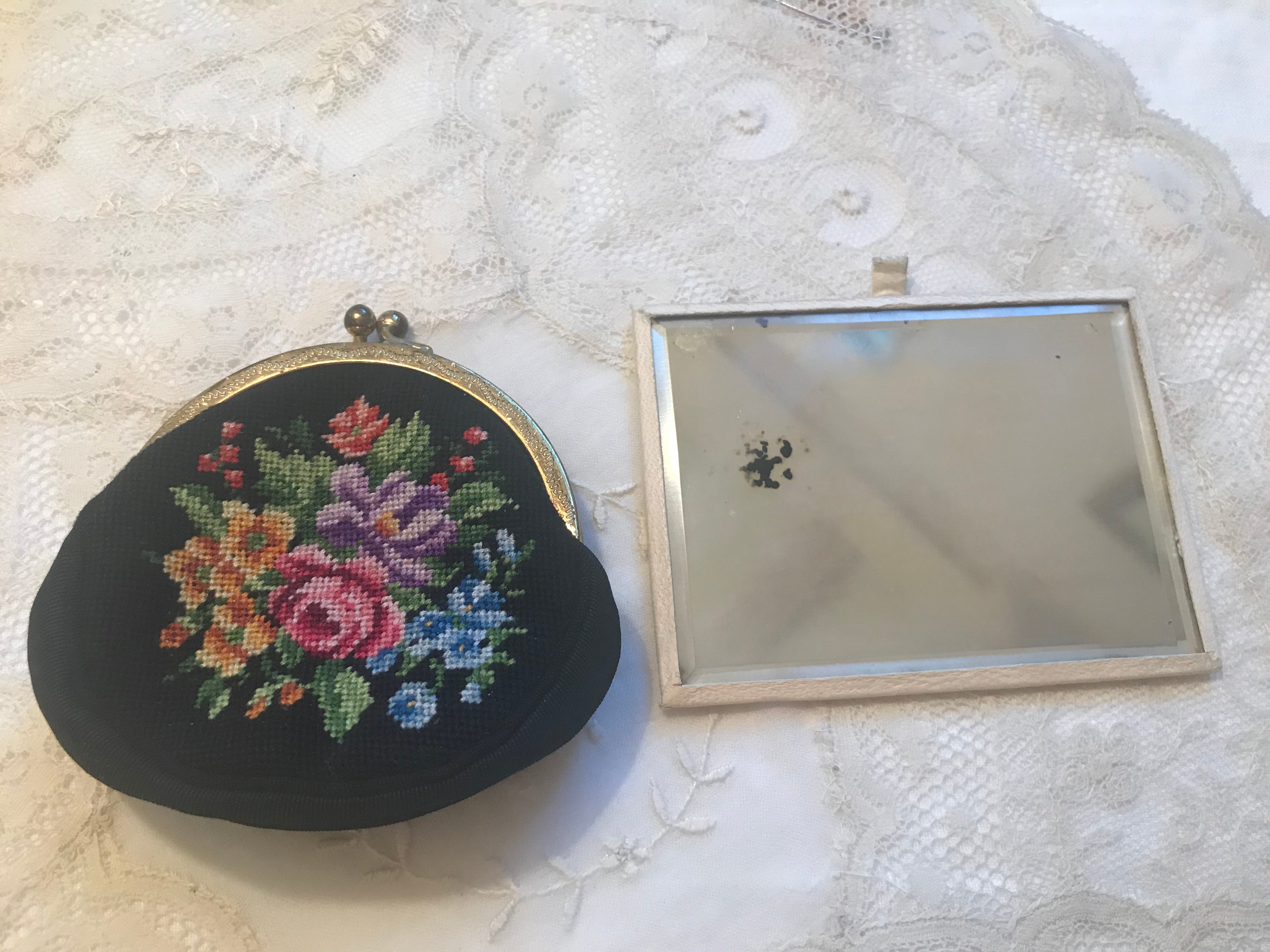 ゴブラン織り プチポワンの花柄ミニバッグ＆お財布＆ミラーセット