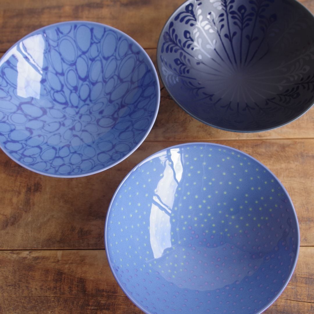 新品】 白山陶器（波佐見焼） 平茶碗 飯碗 F-9 青 水玉模様 ドット柄