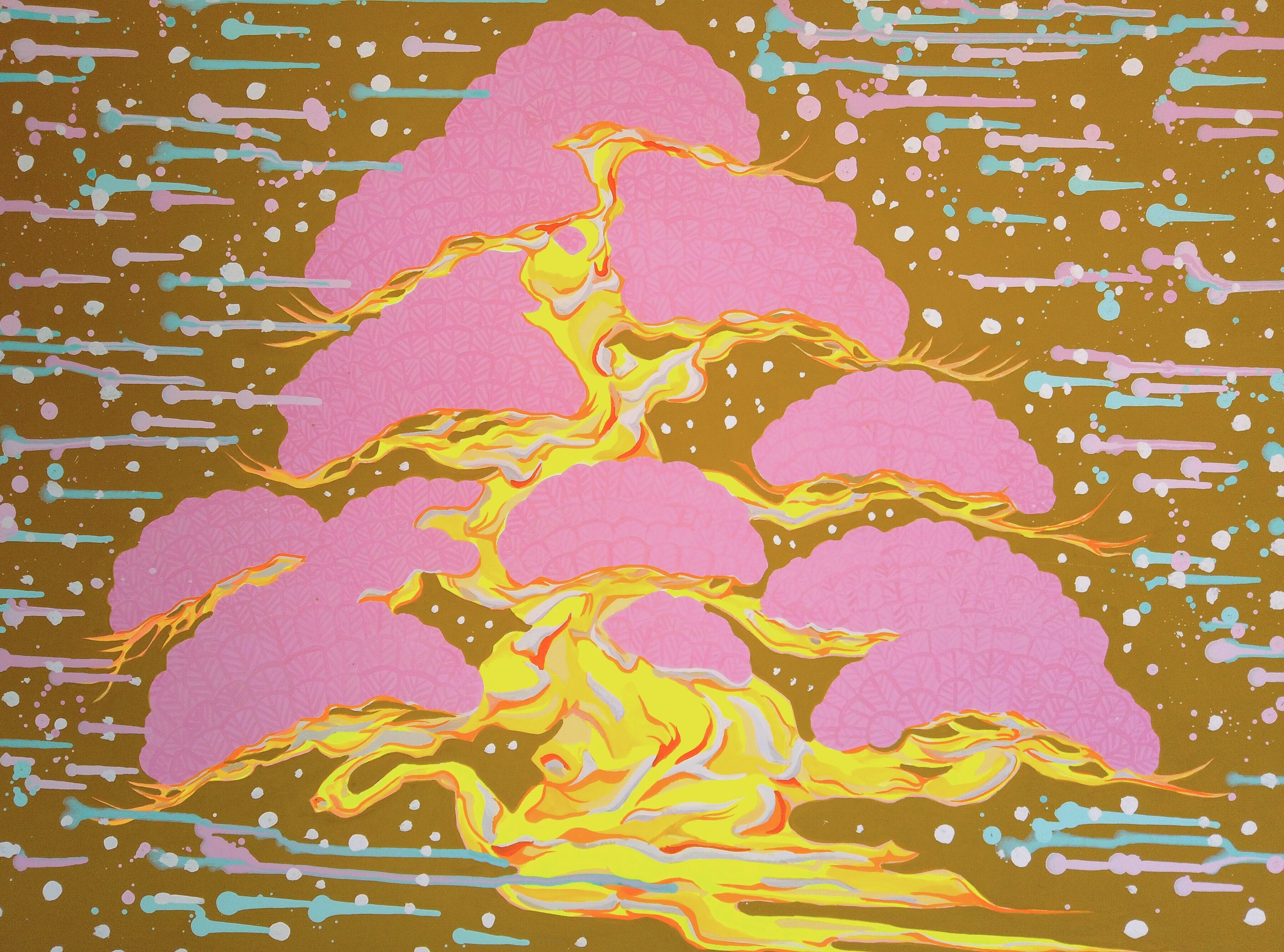 現代水墨画家 絵師白道 「Flying Bonsai （Pink）」直筆作品 証明書