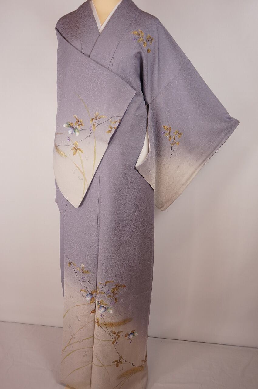 柊 ｸﾘｰﾆﾝｸﾞ済 友禅 金彩 染め分け 訪問着 正絹 紫 グレー 142 | kimono