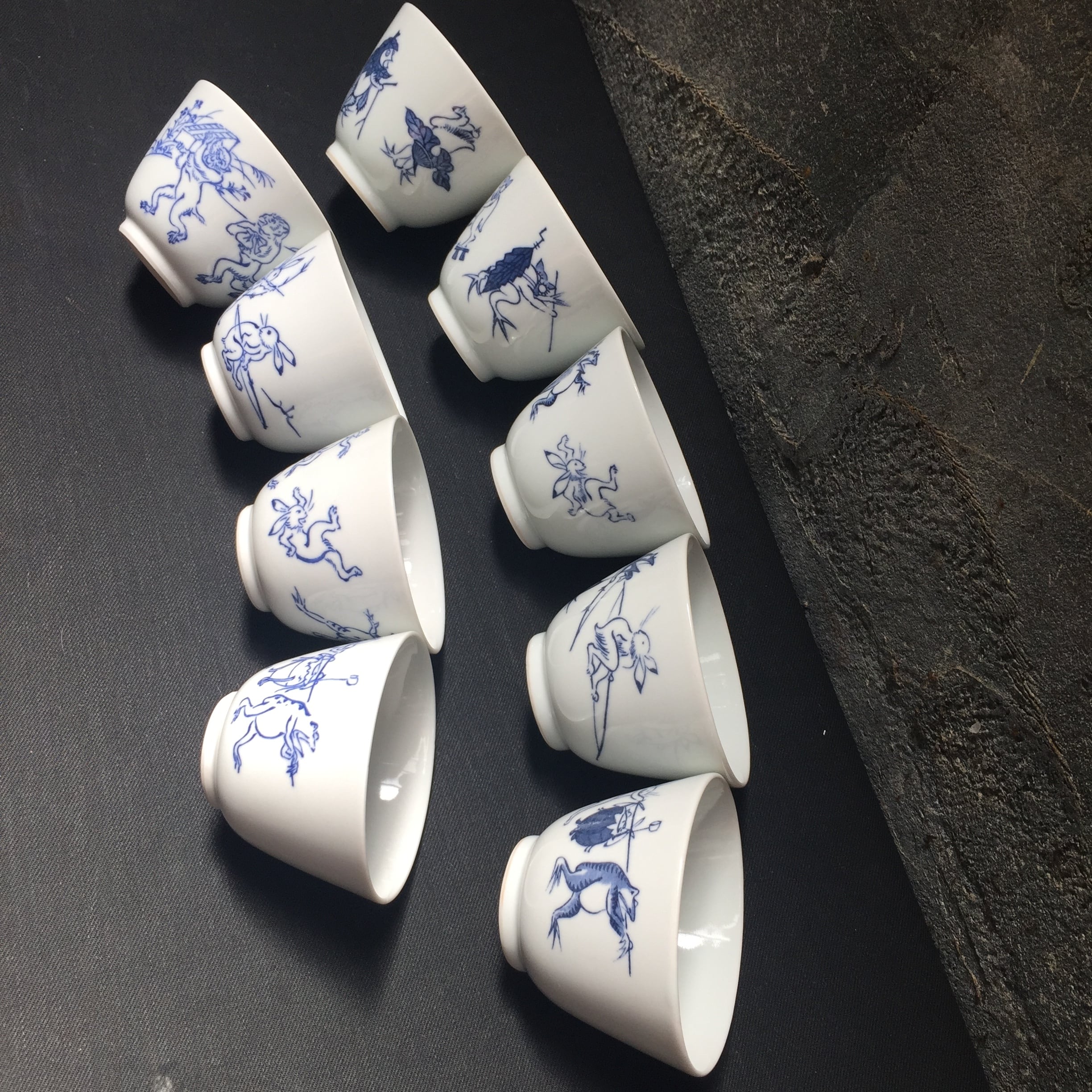 Japan Vintage 平安 吉兆 清水焼 高山寺 国宝絵巻 鳥獣戯画 湯呑 5pcs