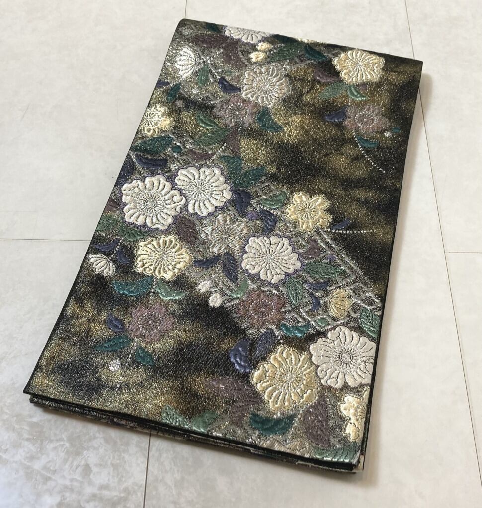 金通し 辻が花 纐纈 袋帯 正絹 銀糸 金糸 黒 白 ゴールド 紫 641