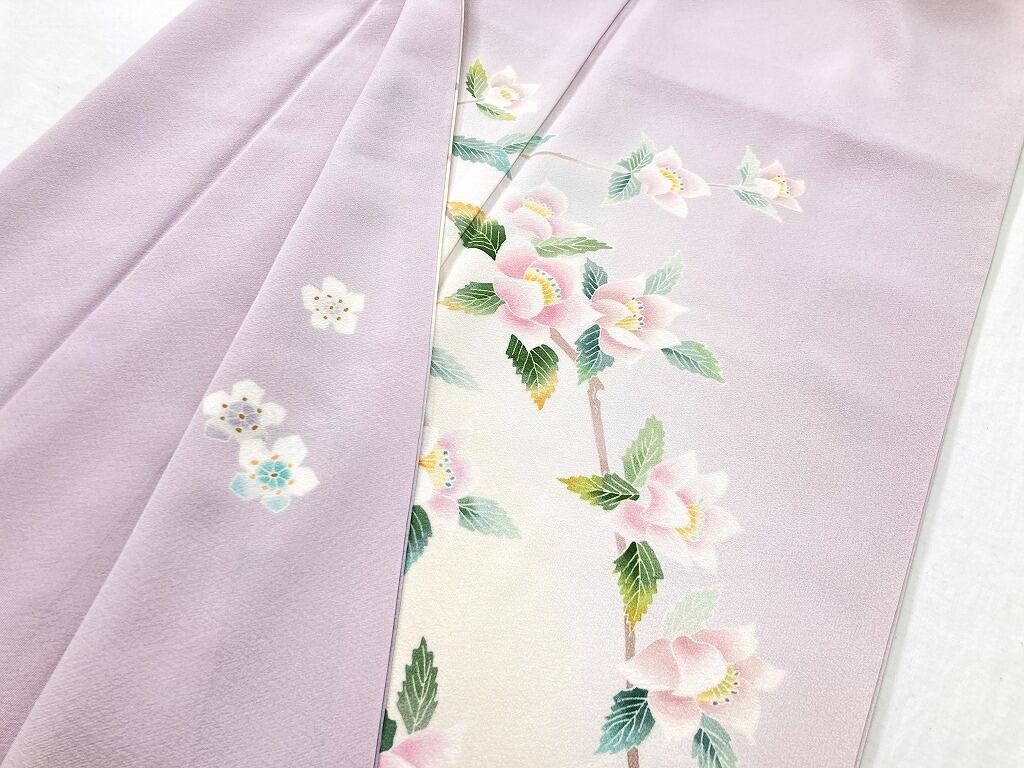 未使用 本加賀友禅 多崎元人 訪問着 花柄 正絹 紫 ピンク 淡紅藤 906