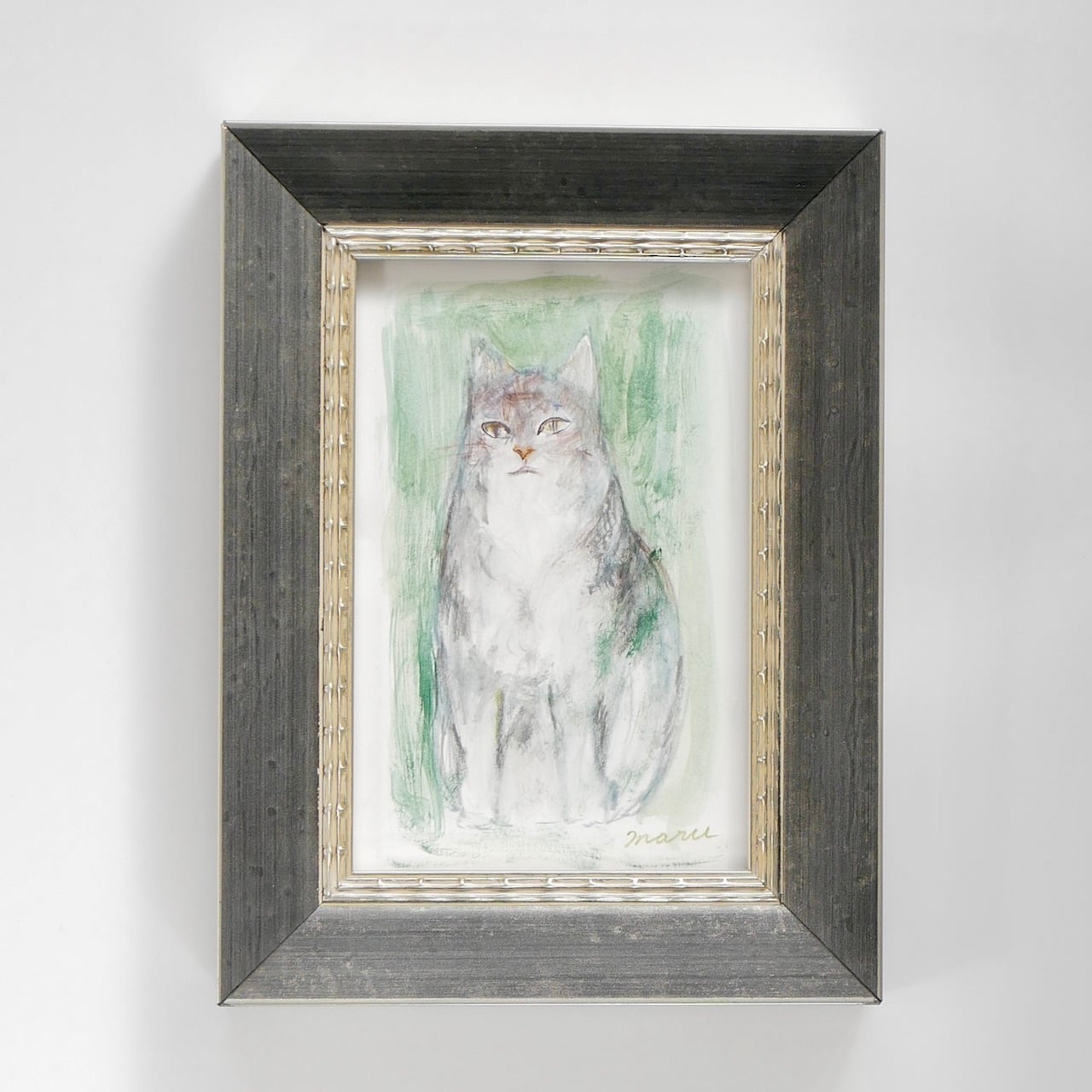 送料無料 「猫の絵no.55」 原画 フレーム付き 色鉛筆画（アート作品