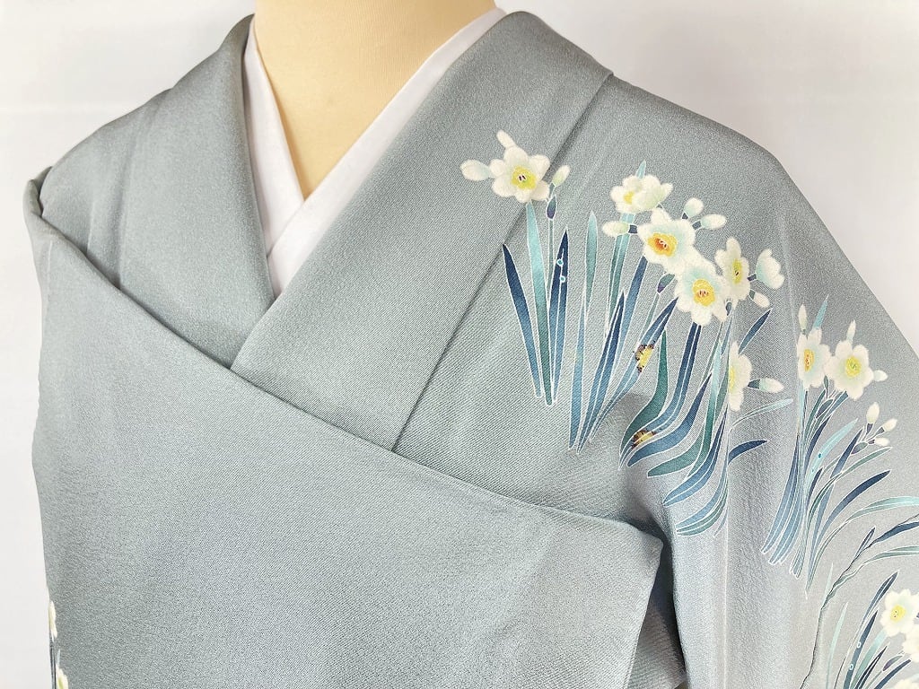 作家物 京加賀友禅 水仙 訪問着 正絹 袷 浅葱鼠 青緑 グレー 白 1157