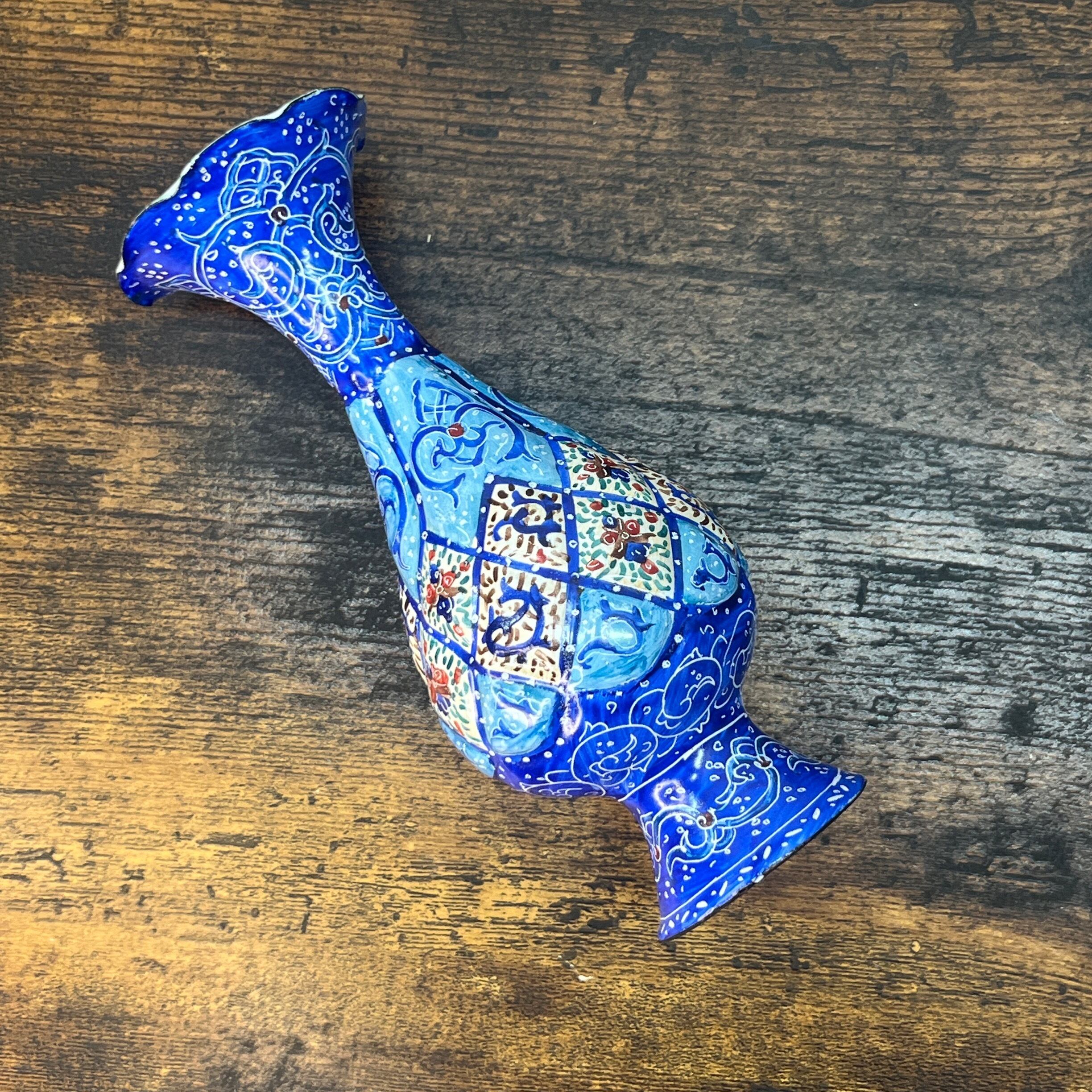 ペルシャ イラン アンティーク 手描き花瓶 青と緑の花模様 ペルシャ