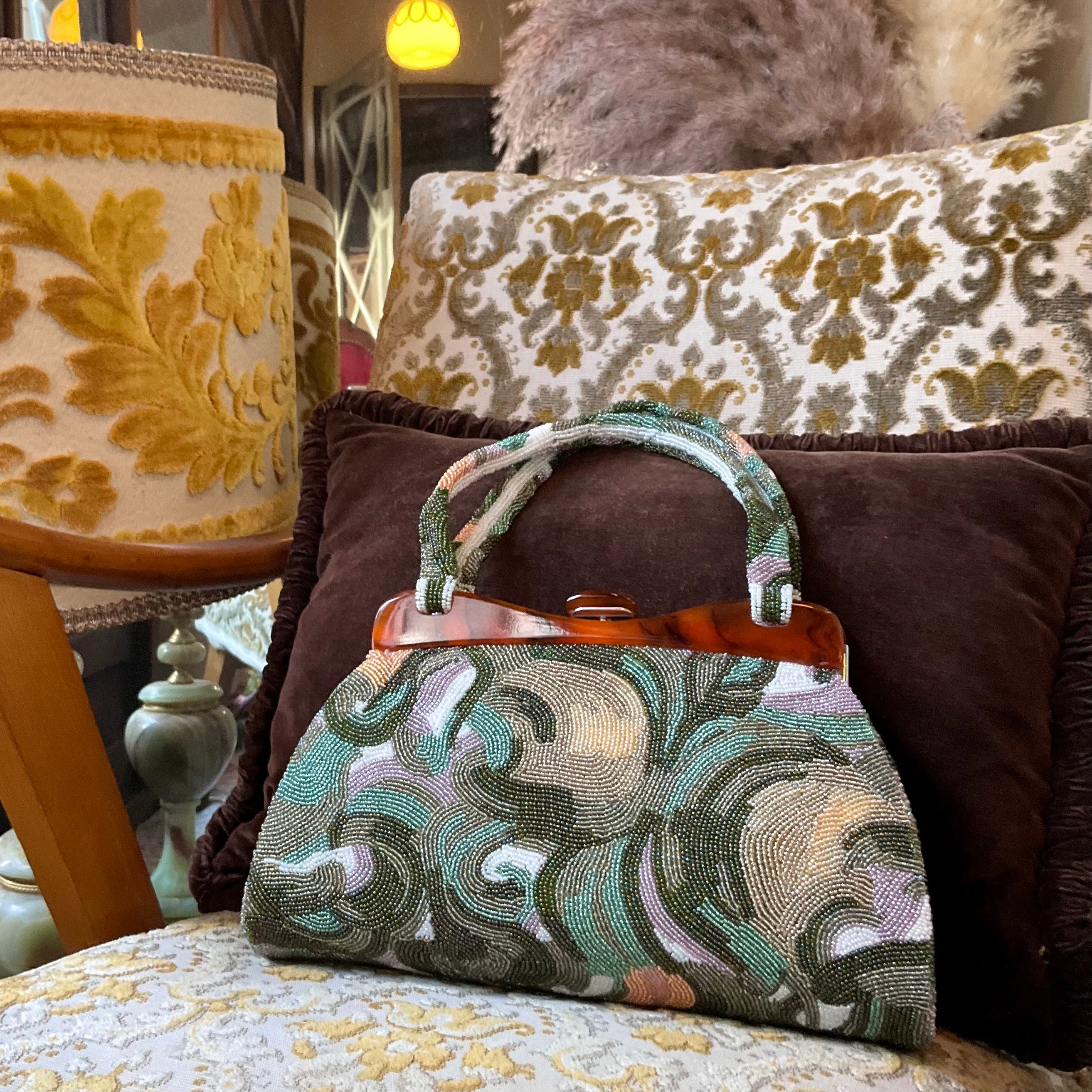 khaki marble＊カーキ グリーン マーブル べっ甲 がま口 ビーズバッグ