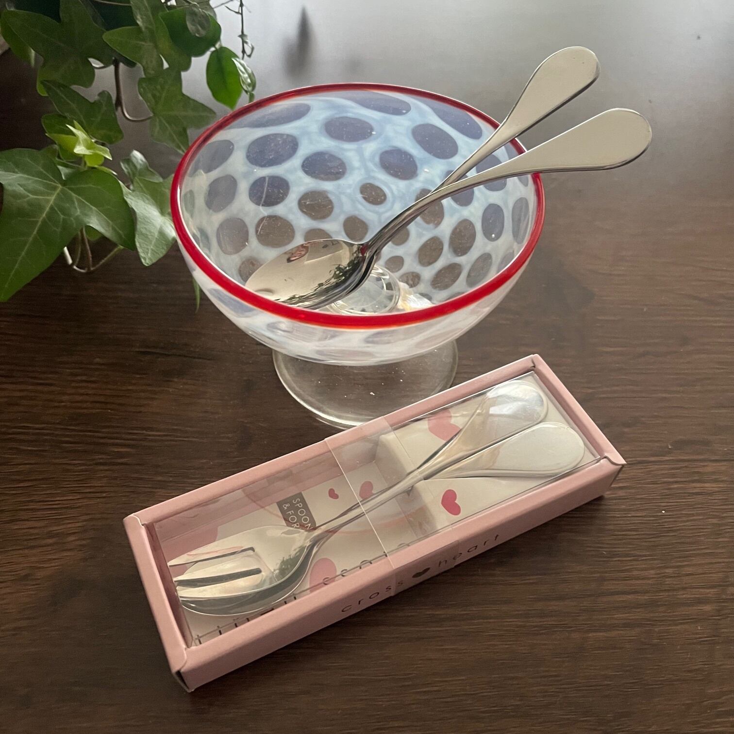 セット＞大正時代 水玉紋様 氷コップ 赤 ＋ クロスハート スプーン