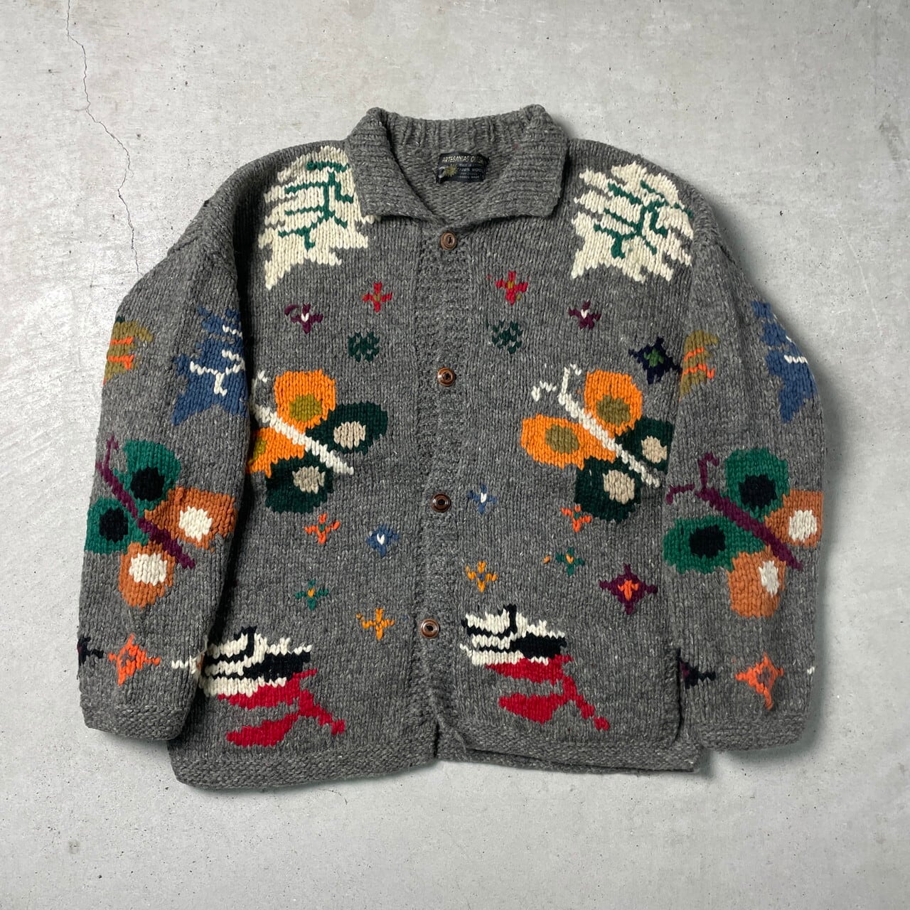 ヴィンテージ エクアドルニットカーディガン フラワー柄 蝶 メンズXL