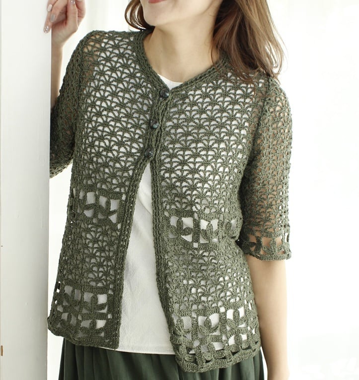 1A8262】五分袖の透かし編みカーディガン 編み図ダウンロード | ニッケ