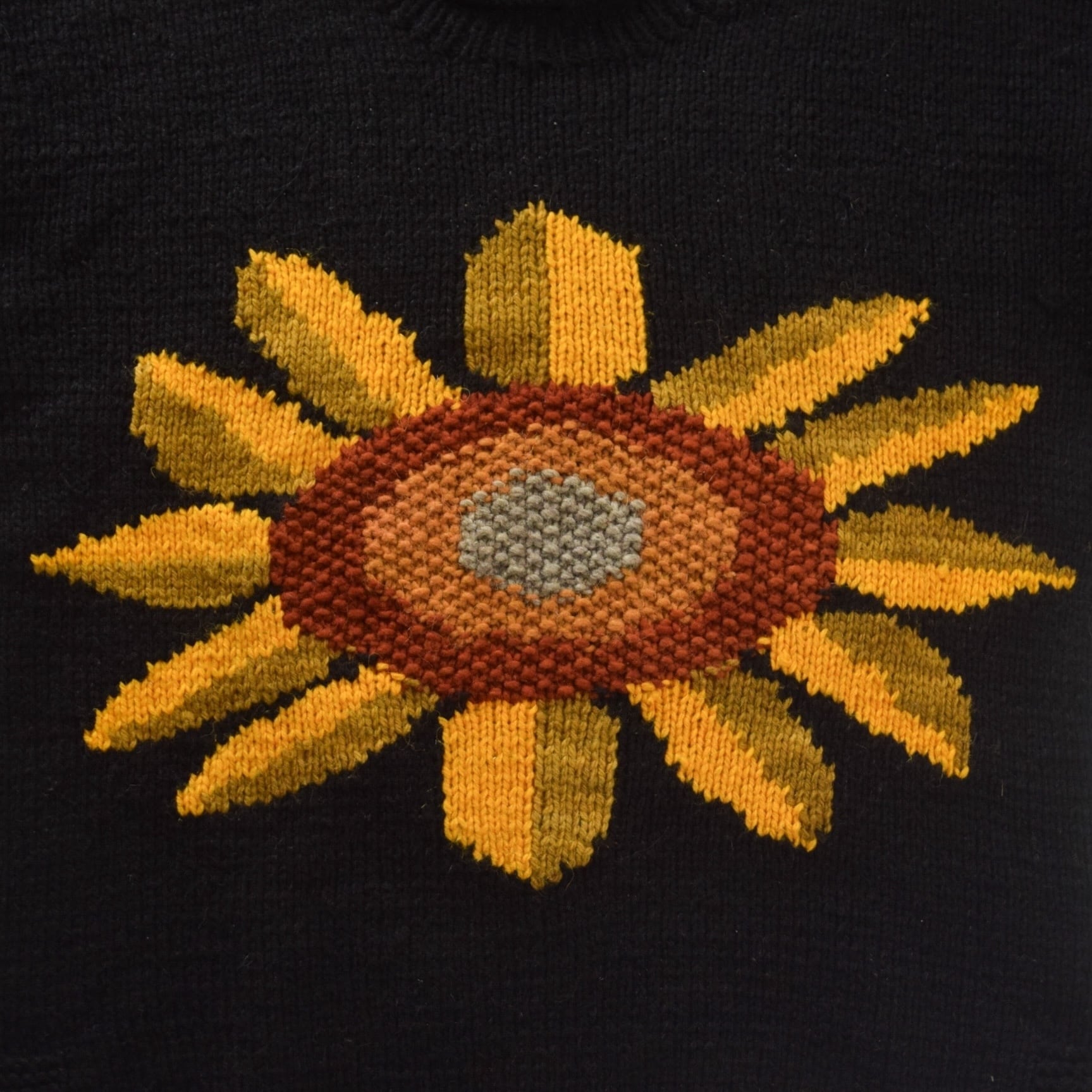 1980's Vintage Mock Neck Sun Flower Ecuador Knit Sweater XL Black