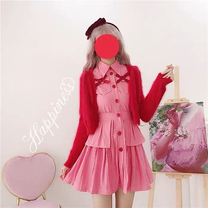 リボン ピンク 赤 ミニスカート ワンピース XS シャツ ブラウス フリル